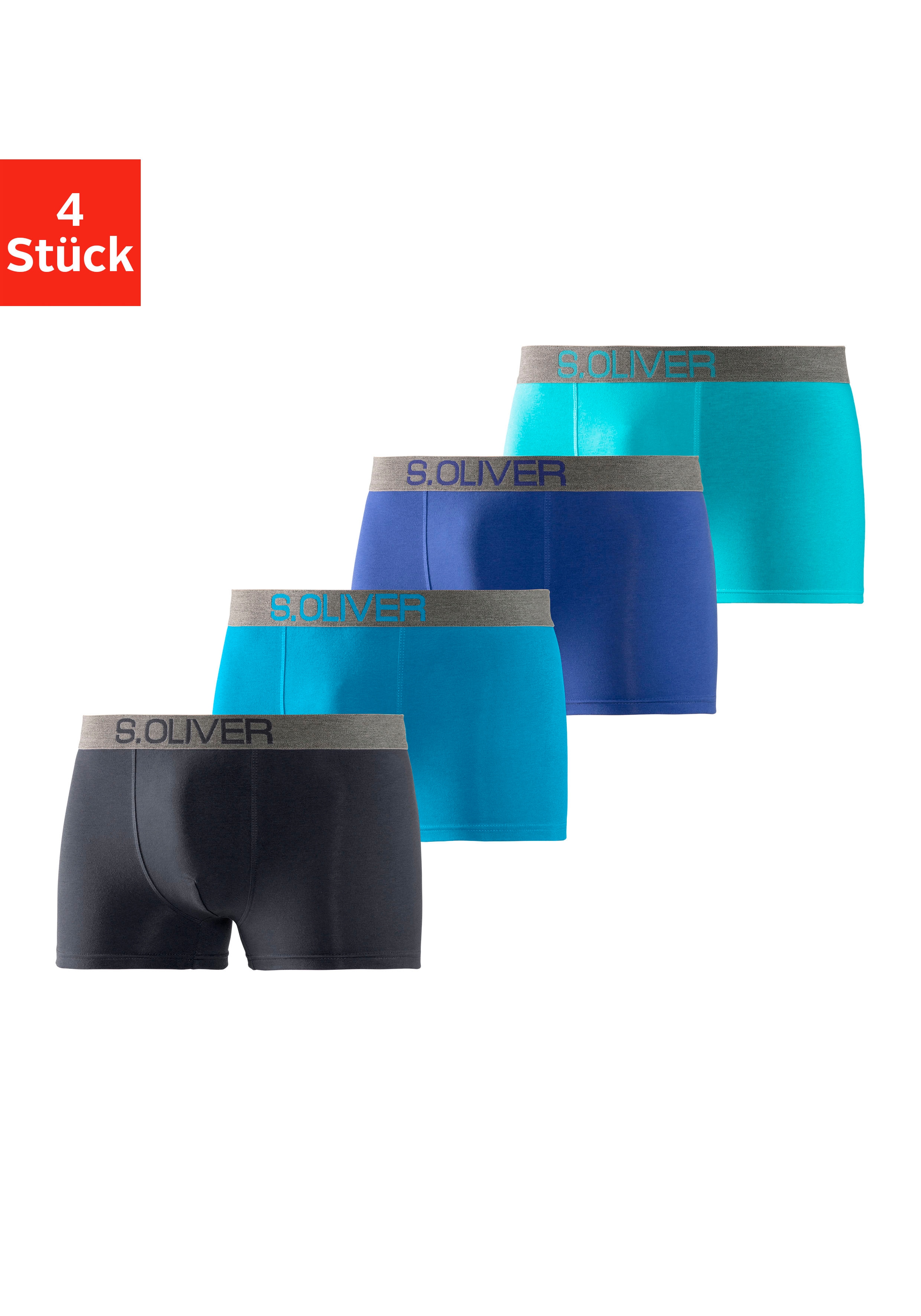 Boxer S.OLIVER "Boxershorts für Herren", Herren, Gr. XXL, 4 Stk., blau (türkis, hellblau, marine, royalblau), Jersey, Obermaterial: 92% Baumwolle, 8% Elasthan (LYCRA), unifarben, körpernah, Unterhosen, mit kontrastfarbenem Webbund