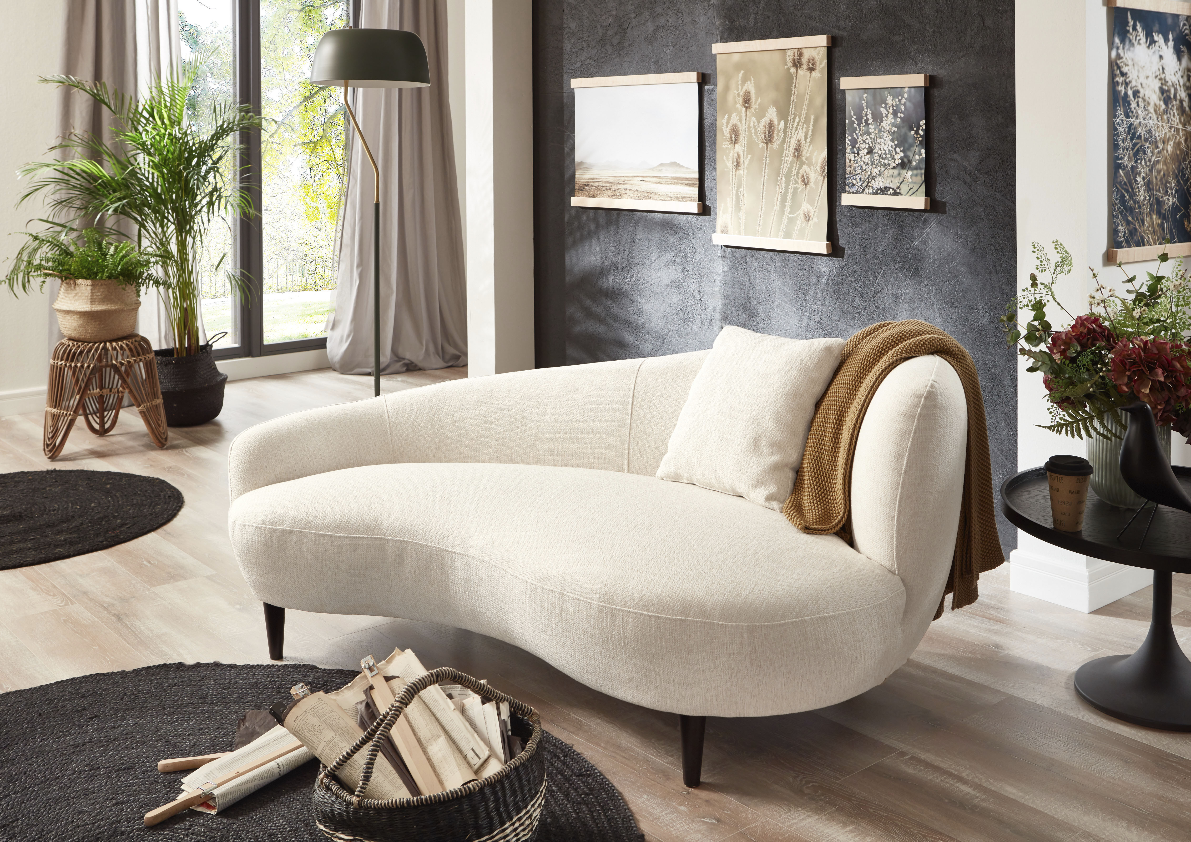 Chaiselongue "Olivia", beige (creme), B:176cm H:76cm T:97cm, 100% PP, ATLANTIC HOME COLLECTION, Sofas, Chaiselongue, Nierenform-Sofa mit Zierkissen im Originalbezug