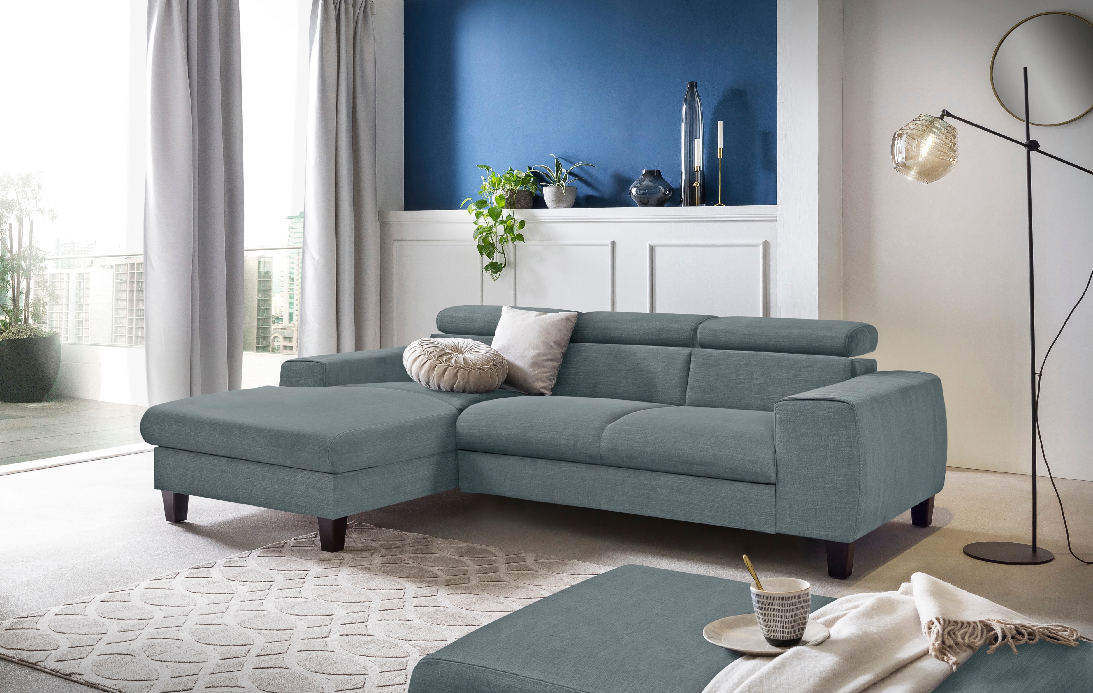 Ecksofa COTTA "Morven L-Form mit Kopfteilverstellung", grau (niagara), B:244cm H:72cm T:166cm, Microfaser PRIMABELLE (100% Polyester);Flachgewebe (100% Polyester);Samtvelours (100% Polyester), Sofas, Polstermöbel Ecksofa, wahlweise mit Bettfunktion,...