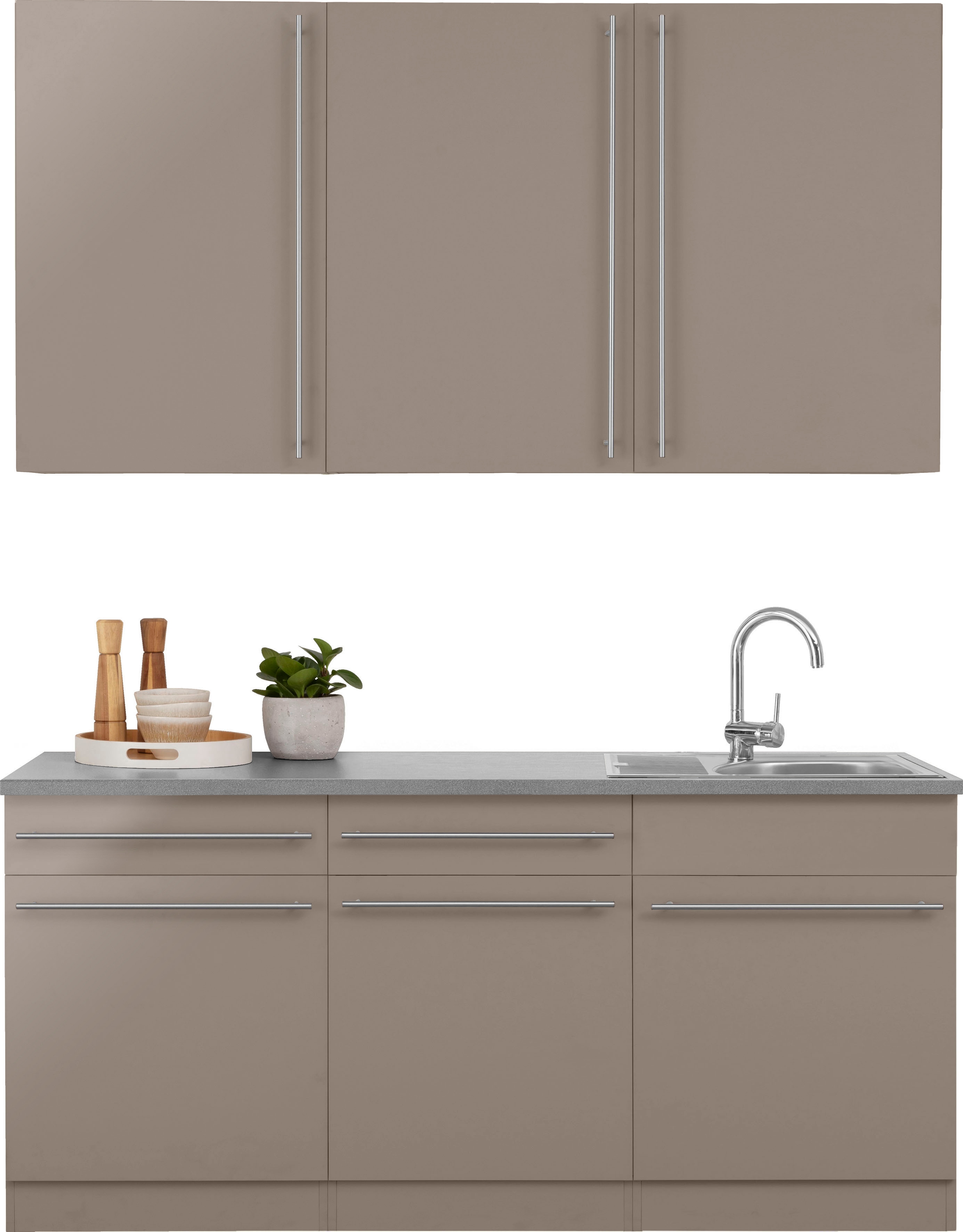 Küche WIHO KÜCHEN "Chicago", braun (küche: braun, front: trüffel glanz, korpus: trüffelfarben, arbeitsplatte: canvas grau), B:180cm T:60cm, Komplettküchen-Sets, Küchenzeile, inklusive Spüle, Breite 180 cm