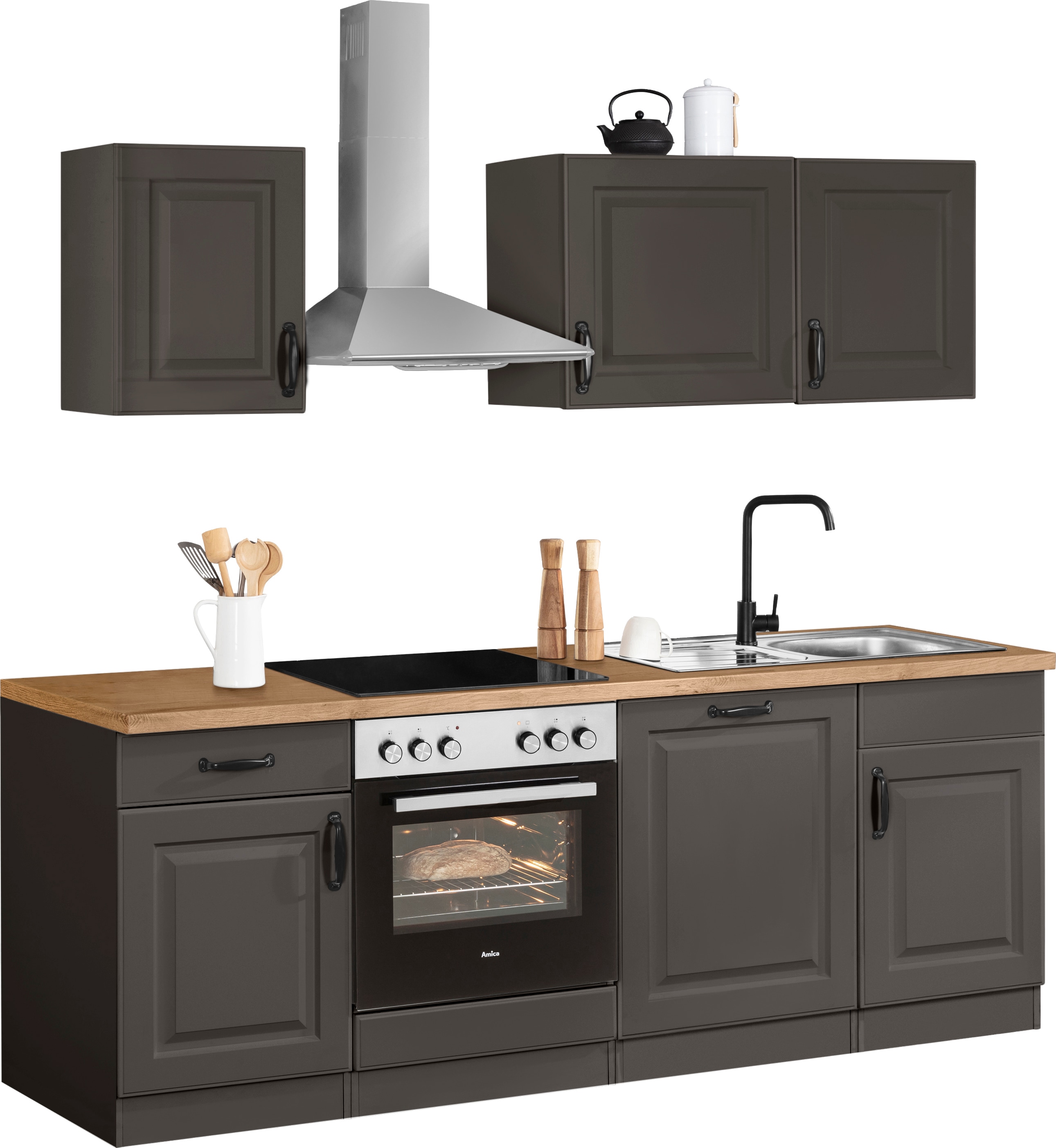 Küchenzeile WIHO KÜCHEN "Erla", grau (küche: grau, korpus: anthrazit, arbeitsplatte: kastelleiche nachbildug), B/H/T: 220cm x 60cm, Komplettküchen-Sets, ohne E-Geräte, Breite 220 cm Image