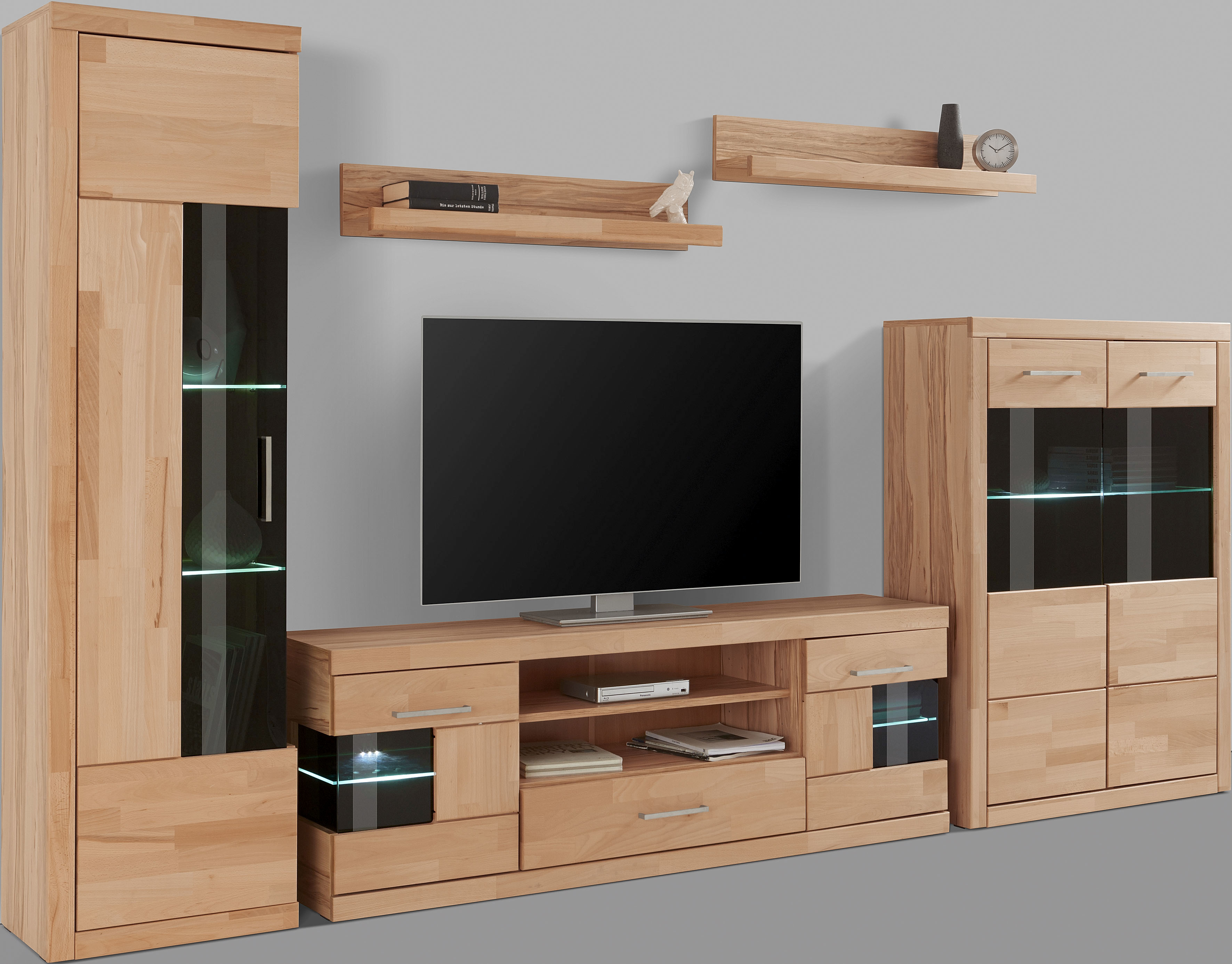 Wohnwand HOME AFFAIRE "Ribe Wohnwand Set-5 St.", beige (kernbuche teilmassiv), B/H/T: 297cmcm x 180cmcm x 35cmcm, Kastenmöbel-Sets, Glaseinsatz aus gehärtetem Glas,Böden teilweise versetzbar