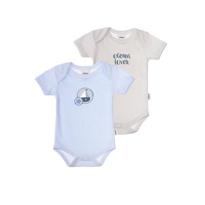 Body LILIPUT "Ocean Lover", Baby, Gr. 50/56, EURO-Größen, blau (hellblau, grau), 100% Baumwolle, bedruckt, gestreift, kurz, Rundhals, Kurzarm, Bodies, im 2er-Pack mit süßen Ozean-Motiven Image