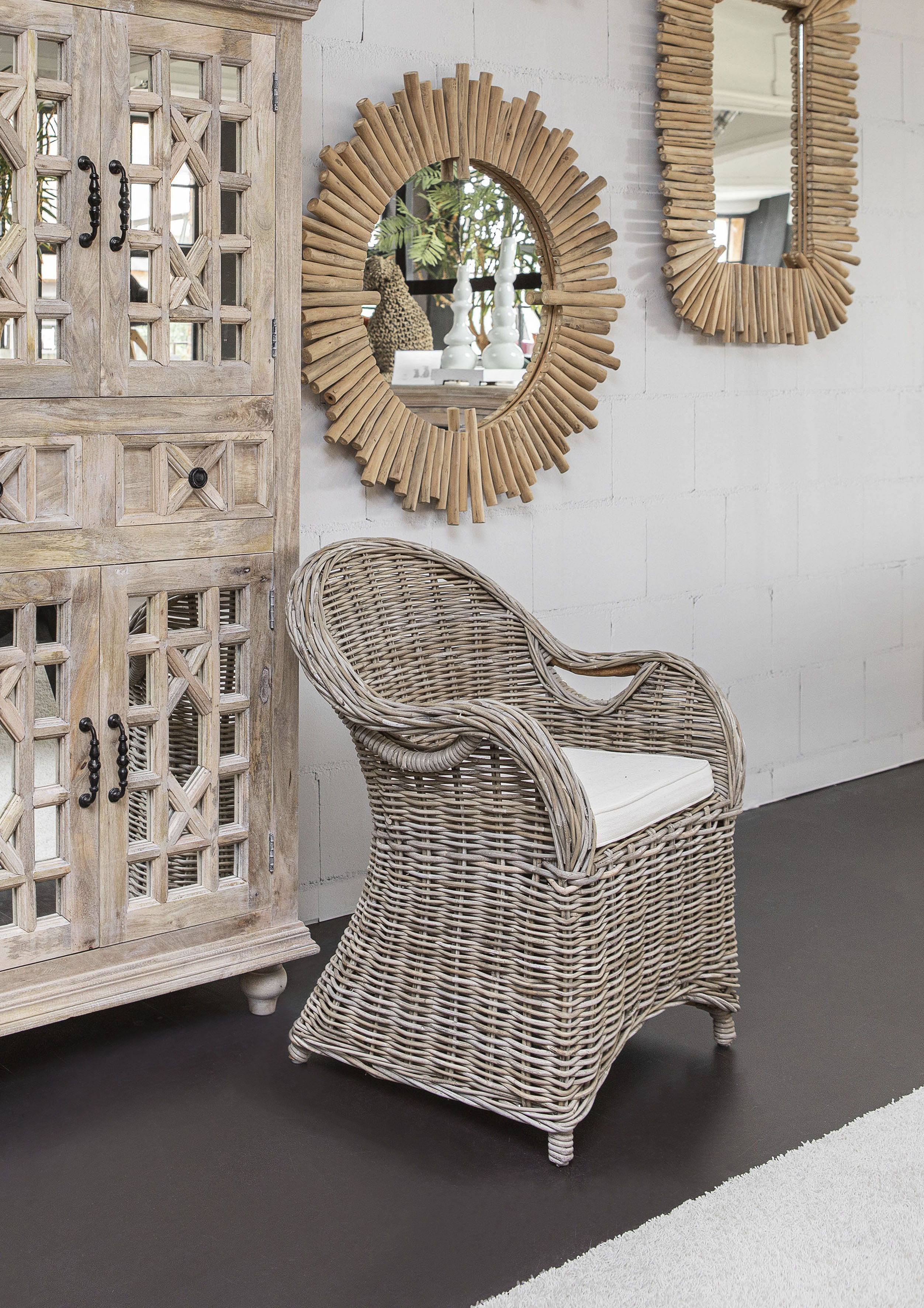 Stuhl GUTMANN FACTORY "Spy", grau (grau gebeizt und lackiert, grau gebeizt und lackiert), B:64cm H:88cm T:67cm, Stühle, Stuhl, Rattan Sessel