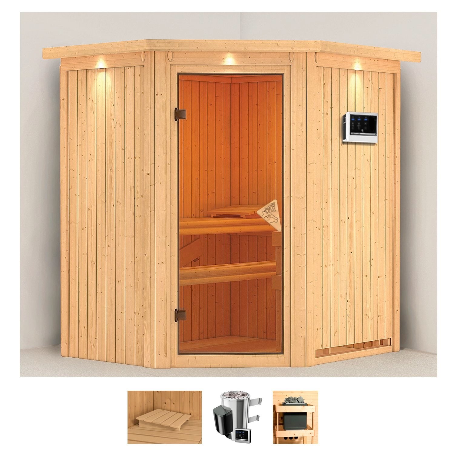 Sauna KARIBU "Tomke", beige (naturbelassen), Saunaofen, externe Steuerung, 3,6 kW, Saunen, 3,6-kW-Plug & Play Ofen mit externer Steuerung Image