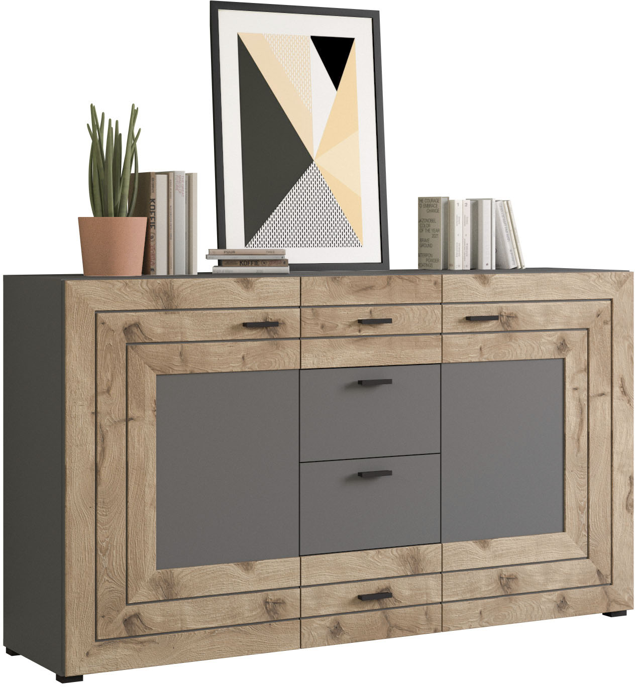 Sideboard INOSIGN "Aalborg, Breite 160 cm, 4 Schubkästen, 2 Türen, 6 Fächer, Metallgriffe", grau (grau, nox oak nb), B:160cm H:90cm T:40cm, FSC-zertifizierter Holzwerkstoff, Sideboards, Sideboard, Anrichte, Schrank, Kommode, Wohnmöbel