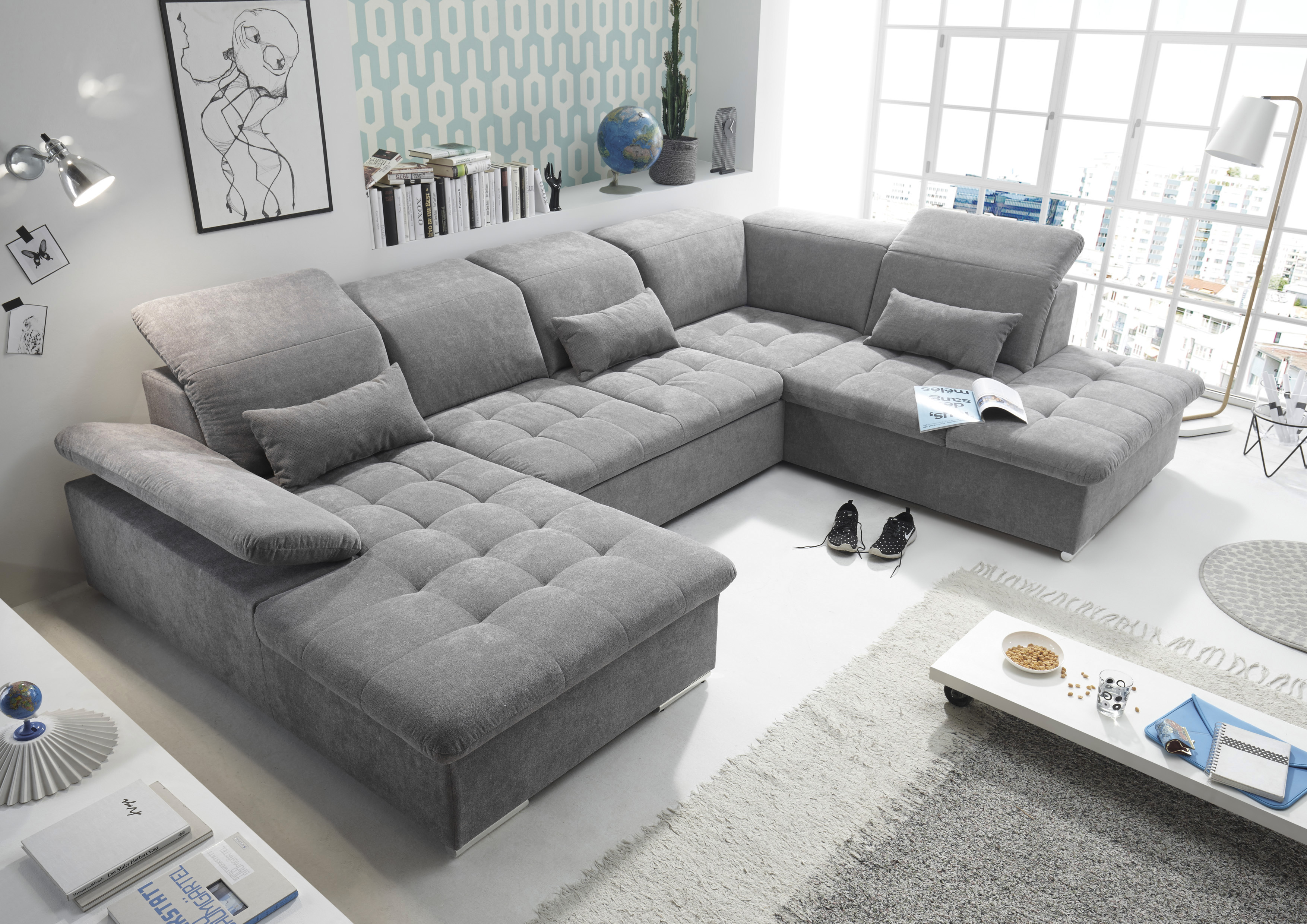 Wohnlandschaft ED EXCITING DESIGN "Wayne U-Form mit Bettfunktion, Bettkasten", grau (dunkelgrau, uran 03 dunkelgrau), B:340cm H:104cm T:240cm, 95% Polyester, 5% Nylon, Sofas, Wohnlandschaft, Arm- und Kopfteilverstellung & 3 Nierenkissen