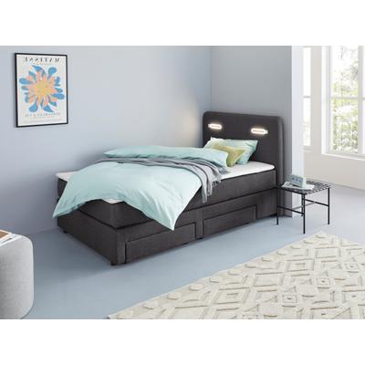 Boxbett INOSIGN "Luan" Komplettbetten Gr. Struktur fein Polyester Schubkästen rechts LED-Beleuchtung, Liegefläche B/L: 120 cm x 200 cm Betthöhe: 57 cm, Gewicht bis: 80 kg H2, 7-Zonen-Taschen-Federkernmatratze, grau (anthracite) Boxspringbett...