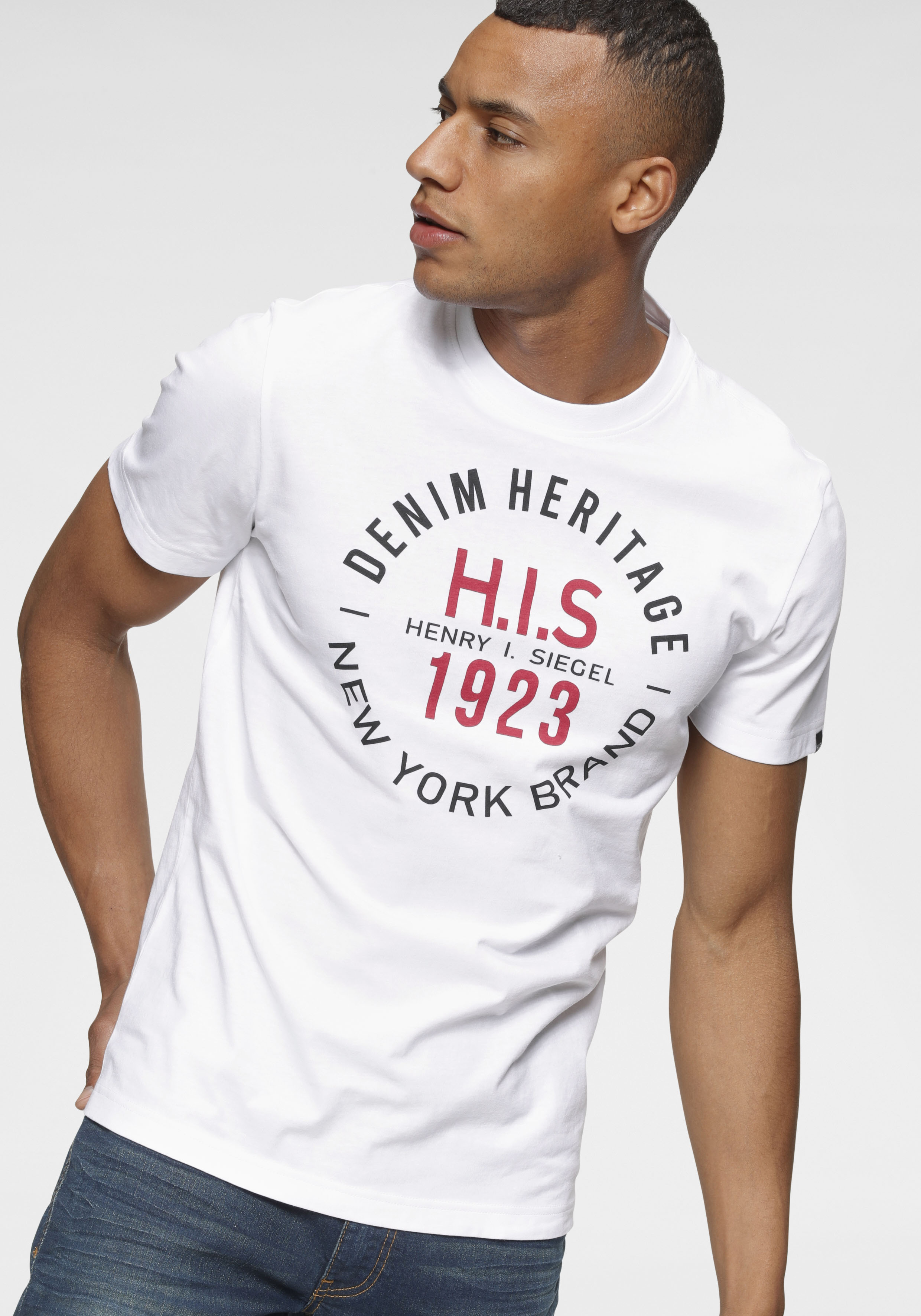 Rundhalsshirt H.I.S, Herren, Gr. S (44/46), weiß, Single Jersey, Obermaterial: 100% Baumwolle, bedruckt, schmal, Rundhals, Shirts, Kurzarm, schmale Passform, mit Print, Rundhals, aus Baumwolle Image