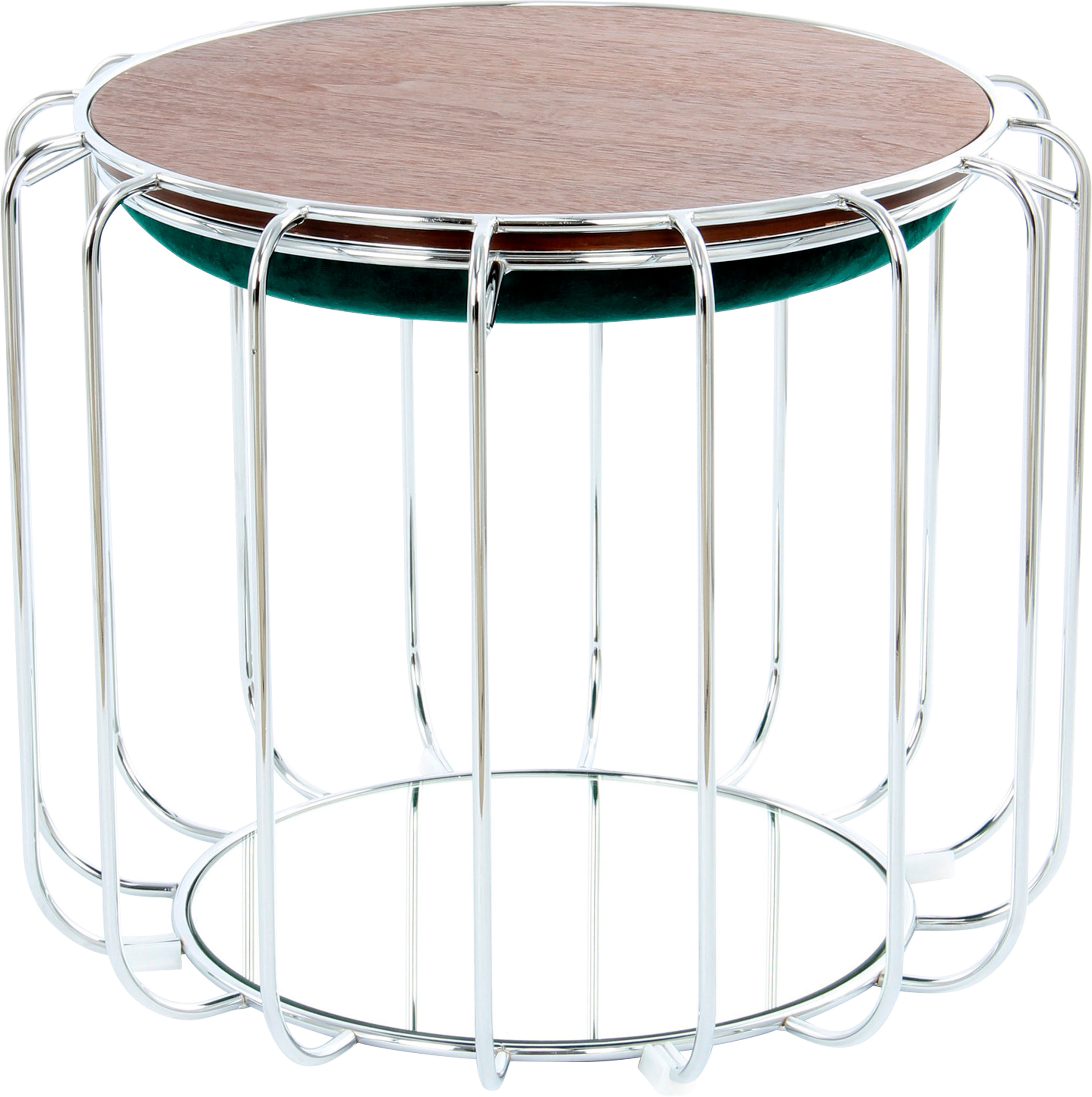 Beistelltisch KAYOOM "Pouf Comfortable 110, abnehmbares und wendbares Oberteil", grün (dunkelgrün, silber, silber), B:50cm H:45cm T:50cm, Eisen, MDF, Samtbezug, Schaumstoff, Spiegel, Tische, praktisch umzuwandeln in Tisch oder Hocker, mit Spiegelglas
