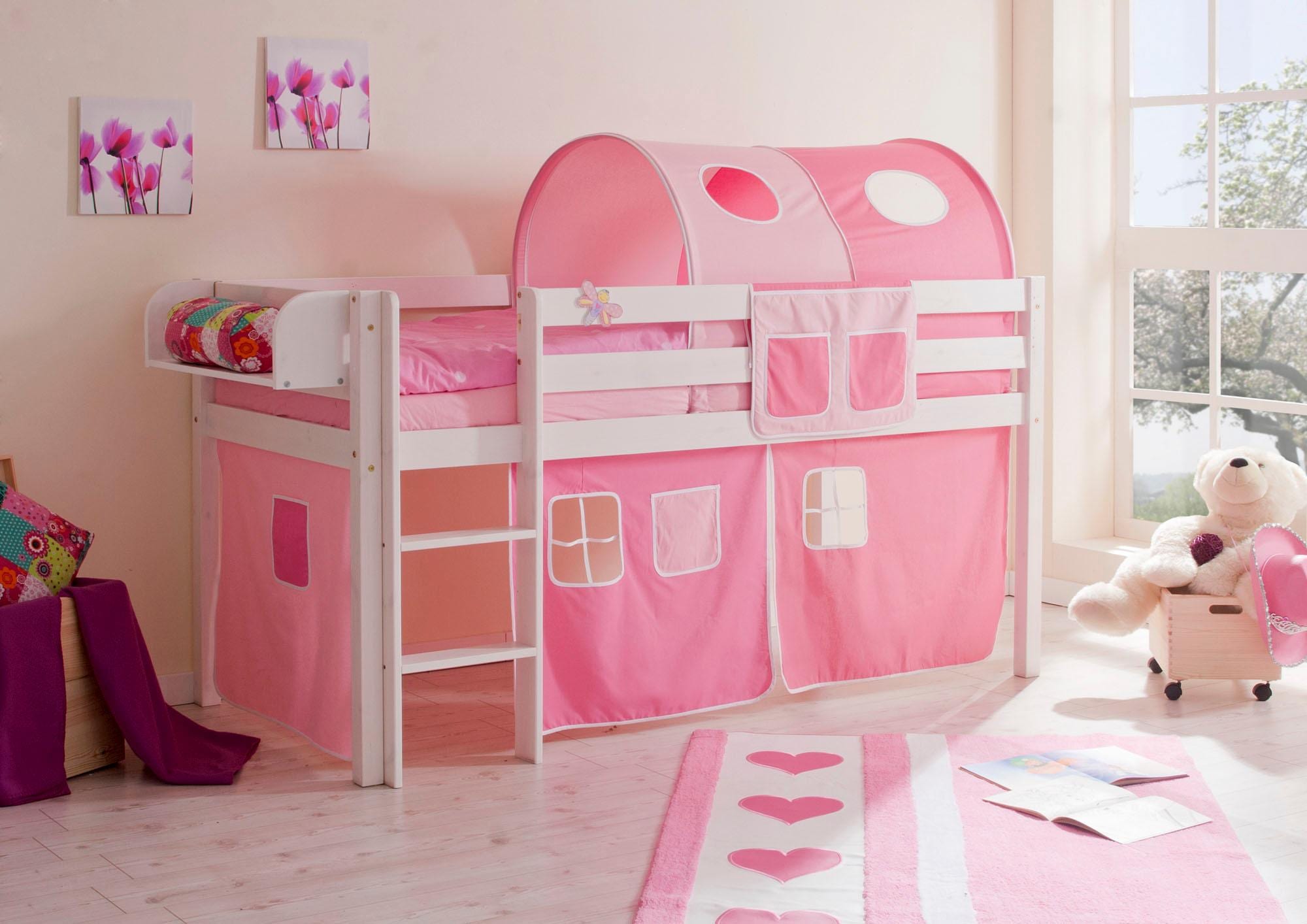 Hochbett TICAA "Malte", rosa (kiefer massiv weiß, rosa, pink), B:101cm H:114cm L:205cm, Hochbetten, Hochbett, mit Rollrost und in verschiedenen Ausführungen wahlweise mit Matratze