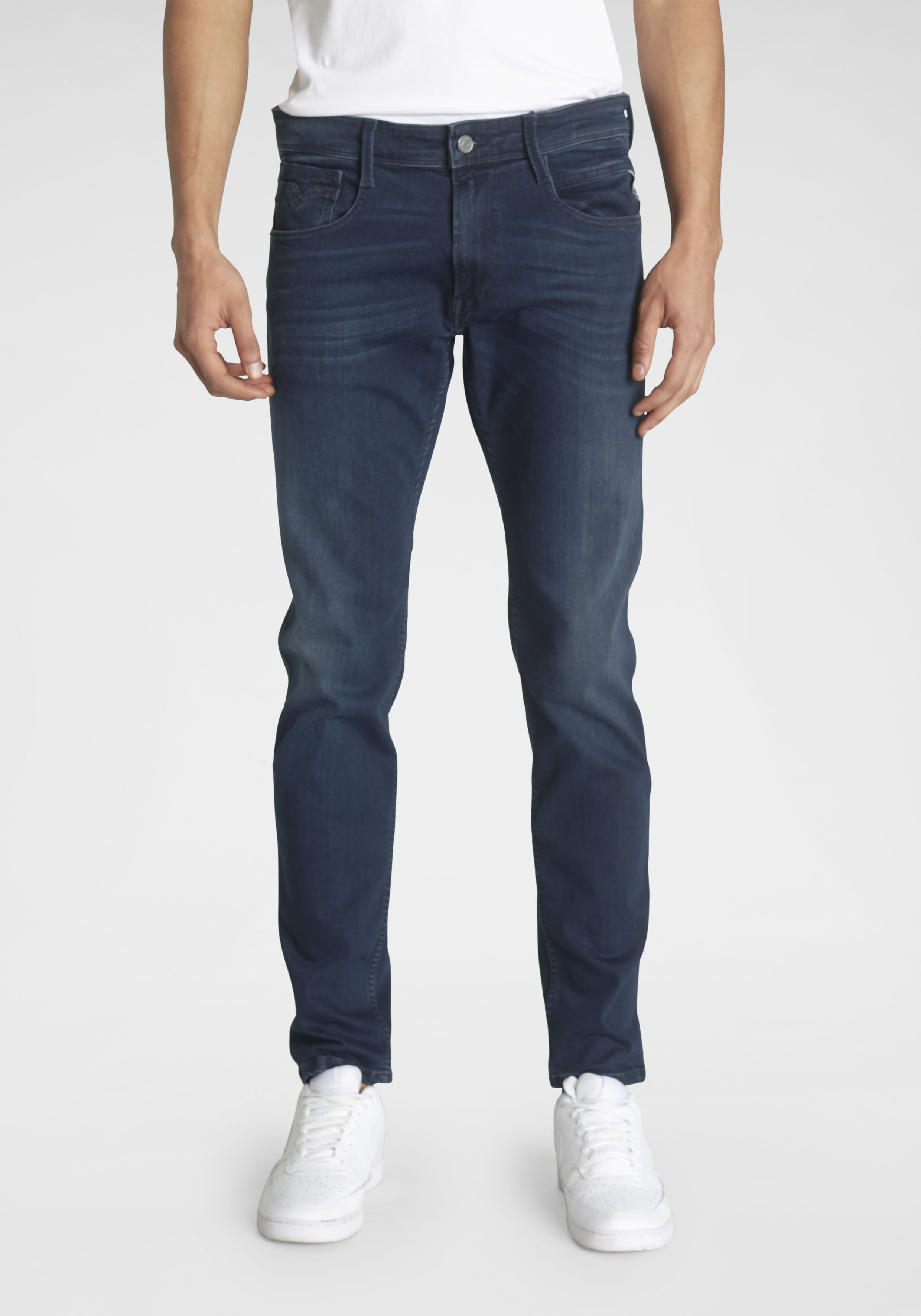 Slim-fit-Jeans REPLAY "Anbass Superstretch", Herren, Gr. 32, Länge 34, blau (mid, blau, wash), Denim/Jeans, Obermaterial: 90% Baumwolle, 8% Polyester, 2% Elasthan, slim fit lang, Jeans Slim-fit-Jeans, elastisch, Topseller