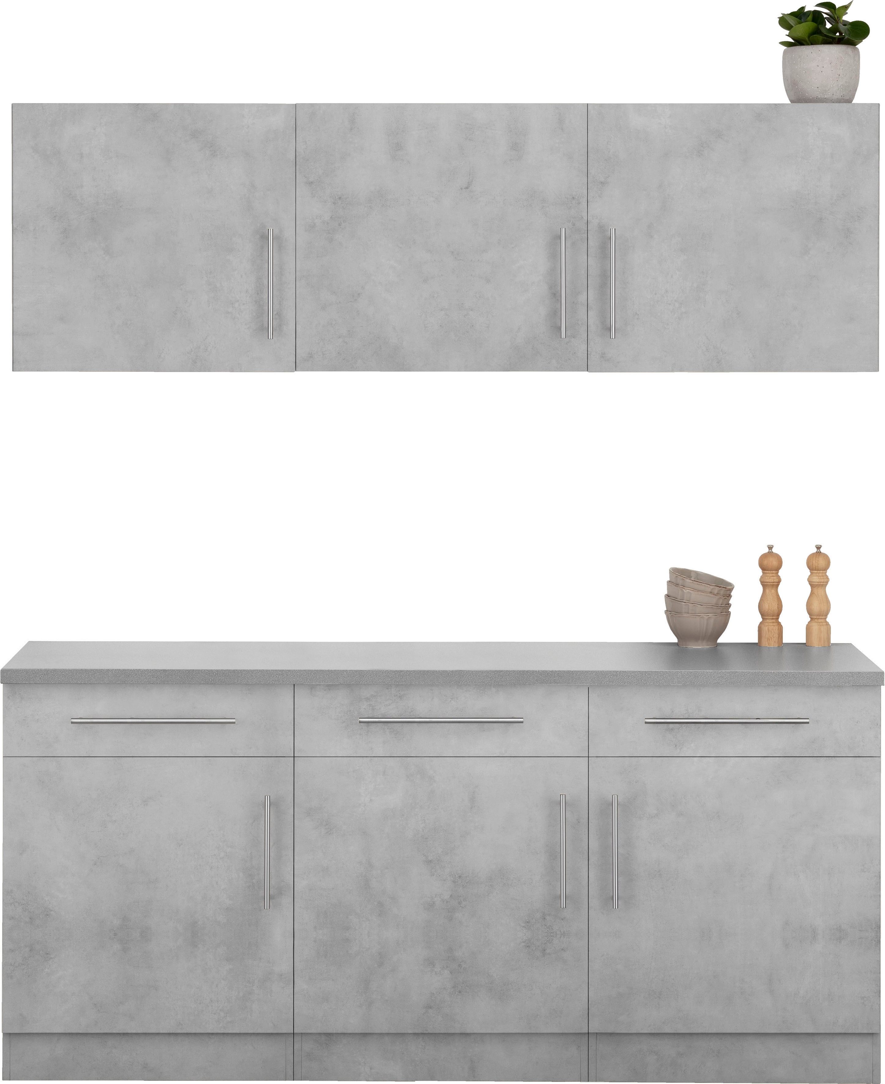 Küche WIHO KÜCHEN "Cali", grau (küche: grau, front: betonfarben, korpus: betonfarben, arbeitsplatte: canvas grau), B:180cm T:60cm, Komplettküchen-Sets, Küchenzeile, ohne E-Geräte, Breite 180 cm