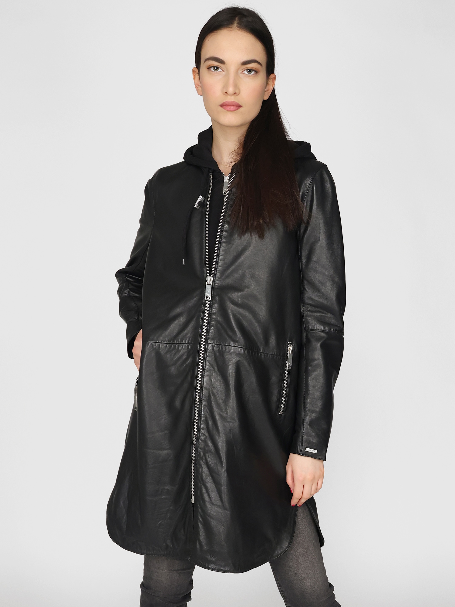 Langjacke MAZE "4202199", Damen, Gr. M, schwarz, Obermaterial: 100% Lammleder / Innenfutter: 100% Baumwolle / Ärmelfutter: 100% Polyester / Kapuze: 55% Baumwolle, 45% Polyester, Jacken Image