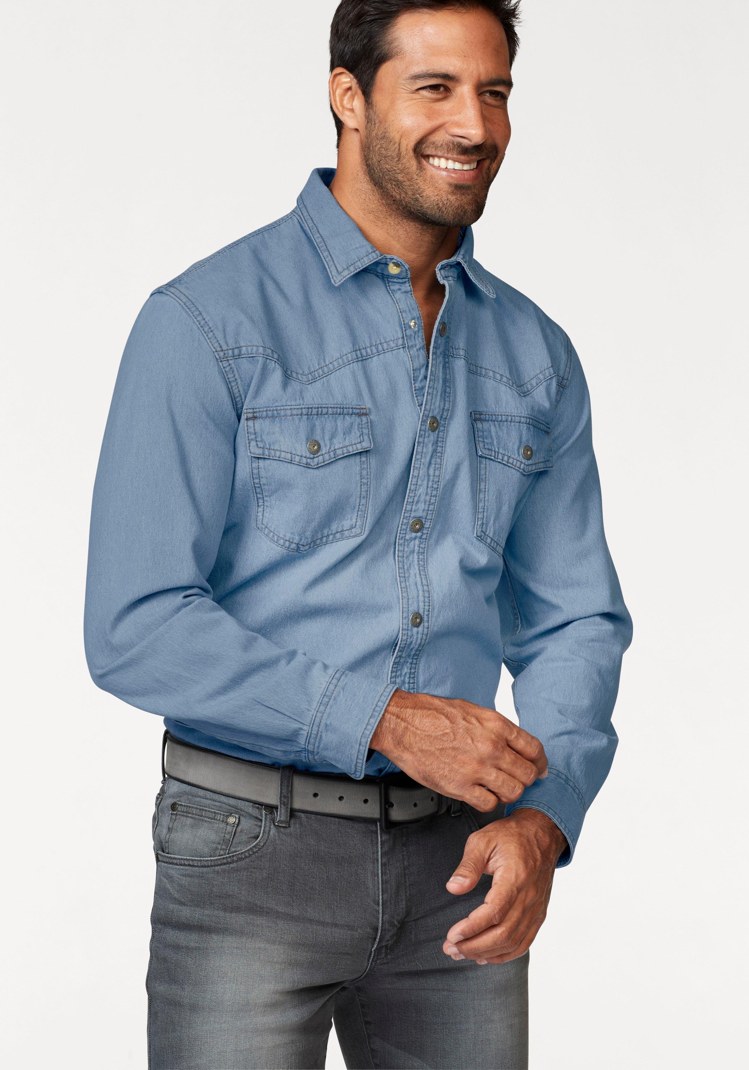Jeanshemd ARIZONA, Herren, Gr. 4142L, N-Gr, blau (bleached), Jeans, Obermaterial: 100% Baumwolle, unifarben, Basic, normal, mit Knöpfen, Hemden, Western Stil, Topseller Image