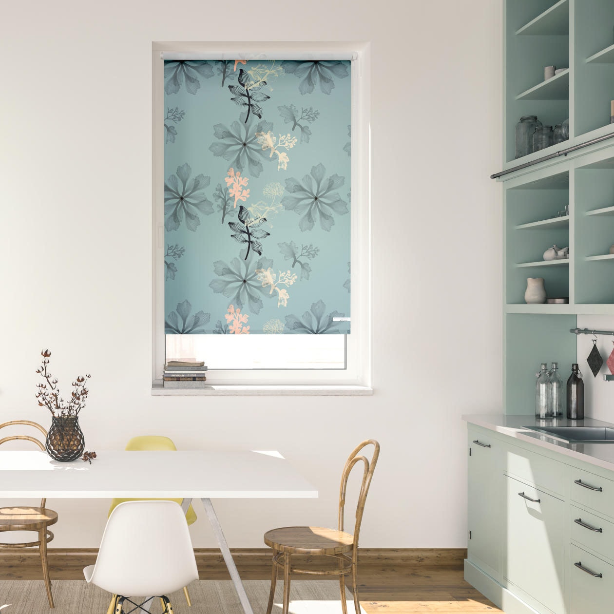 Seitenzugrollo LICHTBLICK ORIGINAL "Rollo Klemmfix, ohne Bohren, Verdunkelung, Aqua Floral - Blau", blau (blau, weiß), B:70cm H:150cm, Polyester, Rollos Image