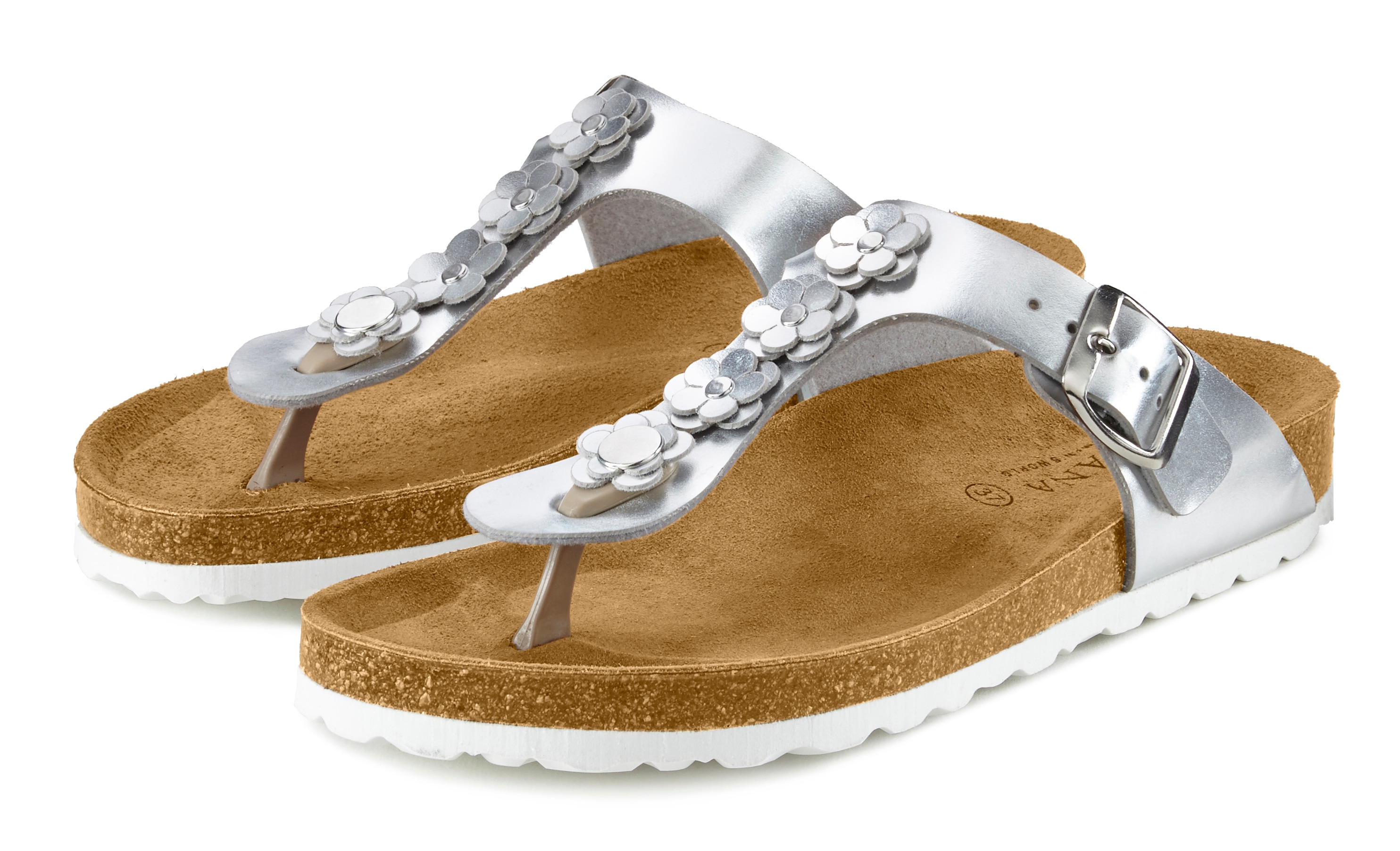 Zehentrenner LASCANA "Sandale, Pantolette, offener Schuh, Sommerschuh", Damen, Gr. 39, silber (silberfarben), Obermaterial: 100% Lederimitat. Decksohle: 100% Rindsleder. Futter: 100% Textilmaterial. Laufsohle: 100% Synthetik, glänzend, metallic,...