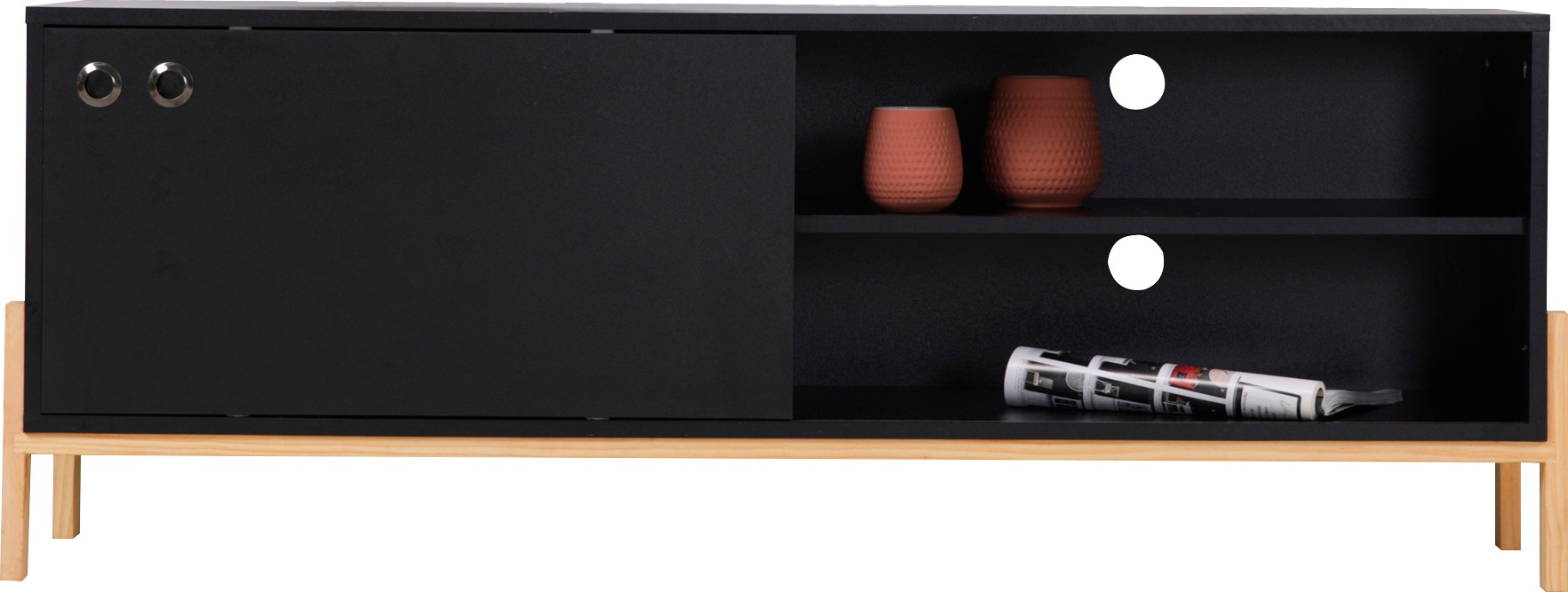 Lowboard INOSIGN "Melia", schwarz (schwarz, natur), B:140cm H:51,5cm T:35cm, MDF, Massivholz, Sideboards, Lowboard, Kommode mit Kabeldurchführungen