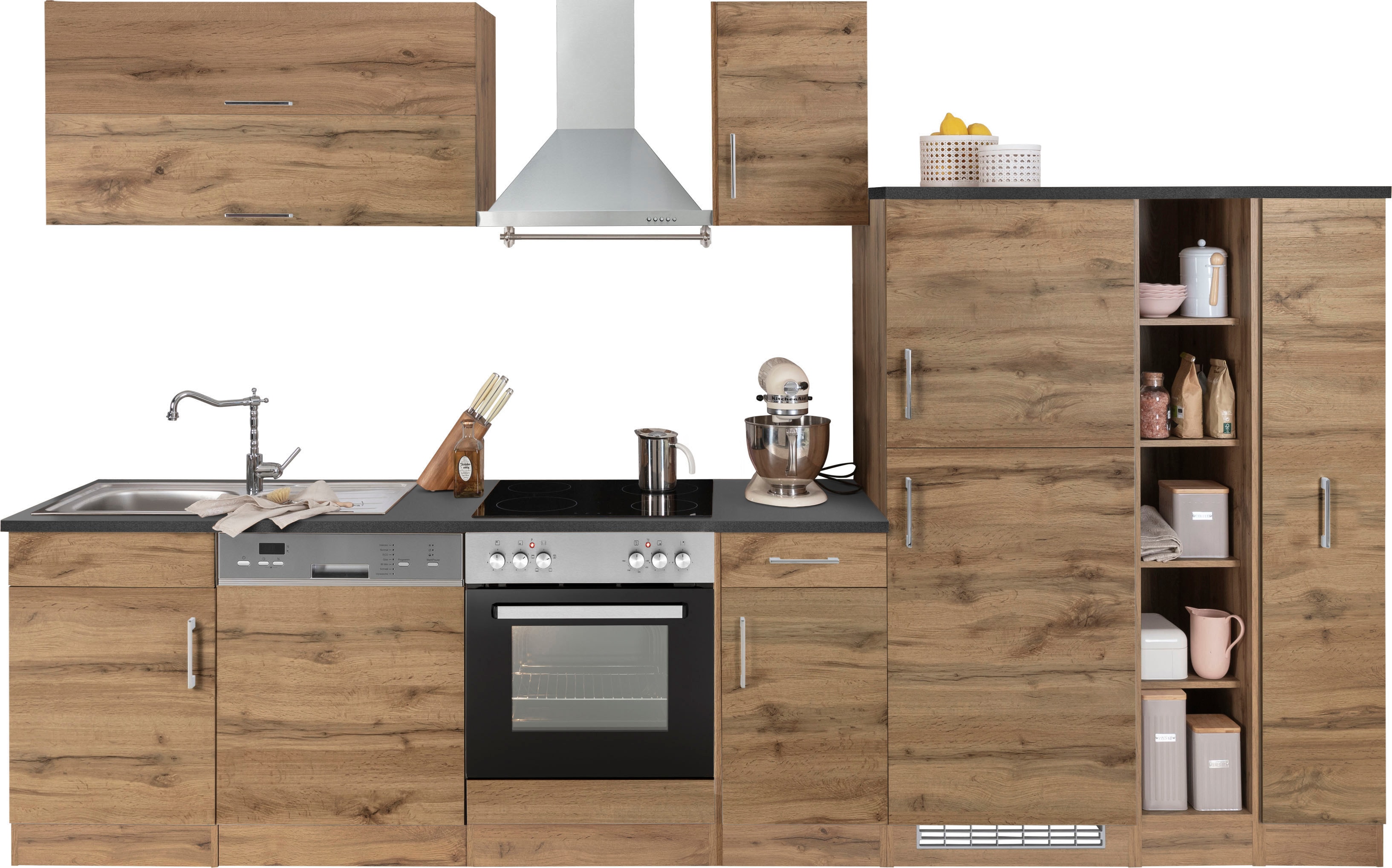 Küchenzeile KOCHSTATION "KS-Colmar", braun (küche: braun, korpus: wotaneichfarben, arbeitsplatte: anthrazit), B/H/T: 330cm x 60cm, Komplettküchen-Sets, ohne E-Geräte, Breite 330 cm Image