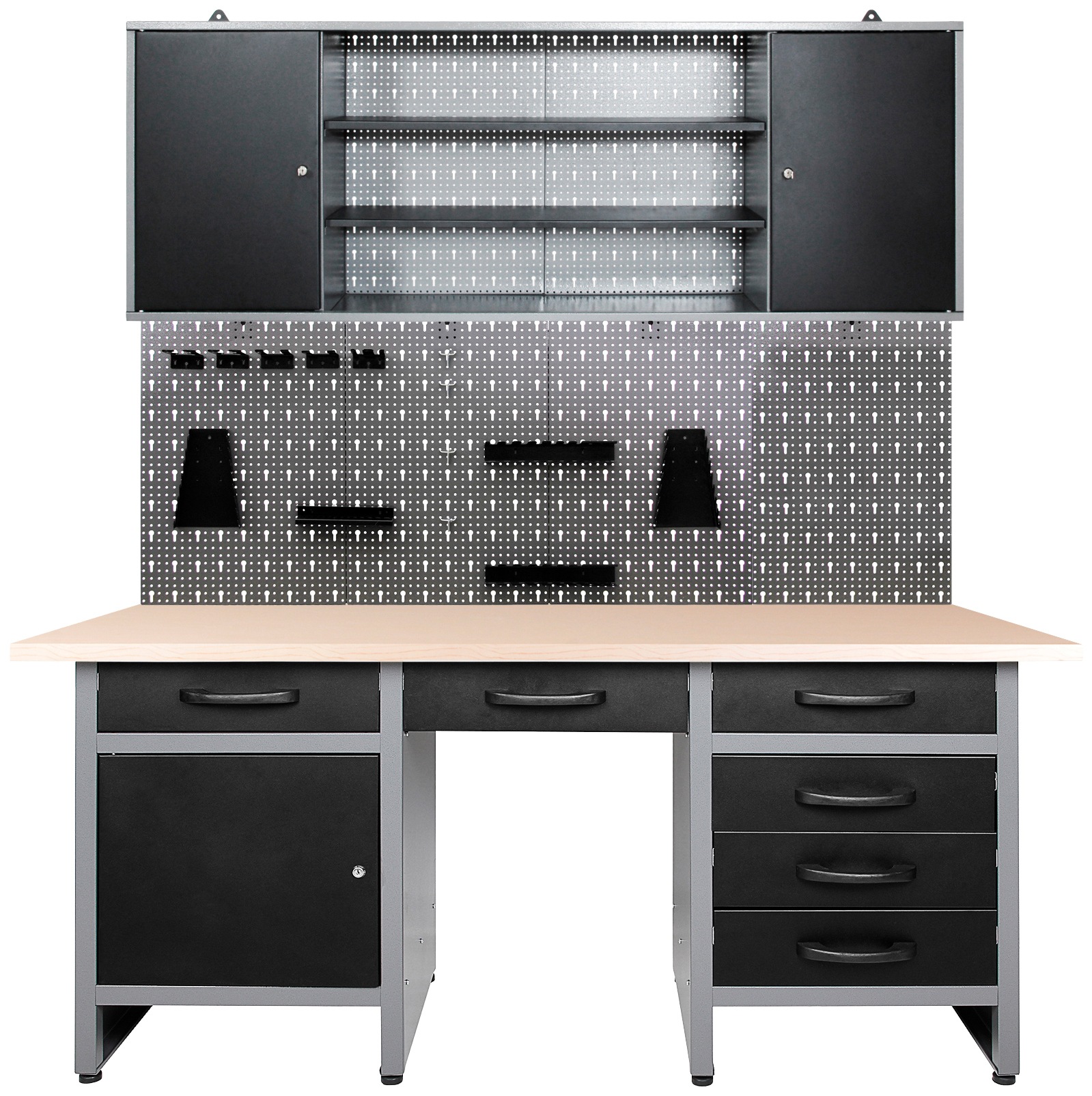 Werkstatt-Set ONDIS24 "Harry", schwarz (anthrazit, grau, schwarz), B:160cm H:205cm T:60cm, Metall, Werkbänke, höhenverstellbar, inkl. 22-tlg. Hakenset