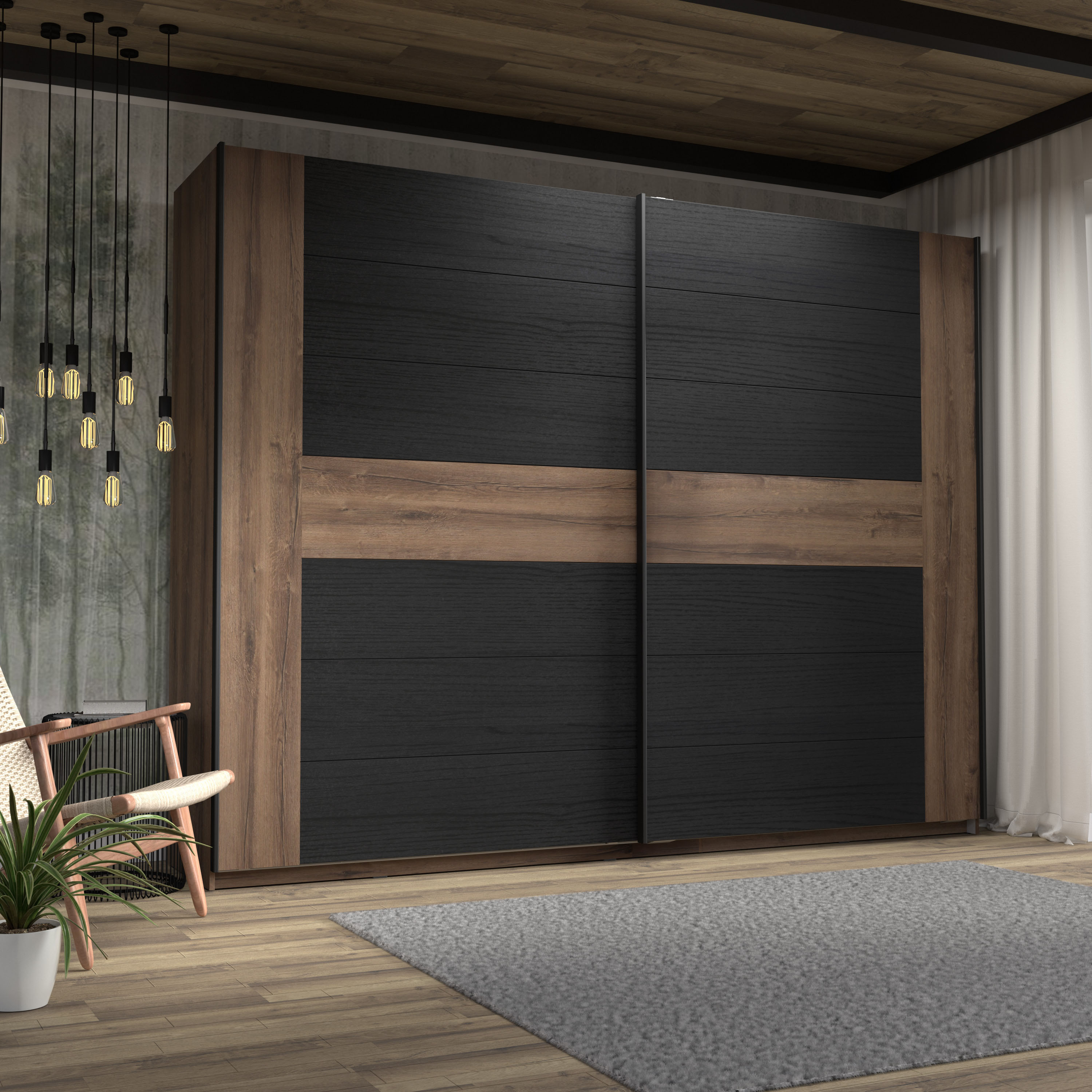 Schwebetürenschrank FORTE "Bellevue, viel Stauraum", braun (schlammeichefarben, schwarzeichefarben), B:270cm H:210cm T:61cm, FSC-zertifizierter Holzwerkstoff, Schränke, mit schwarzen Metallgriffleisten, ca. 270x210cm