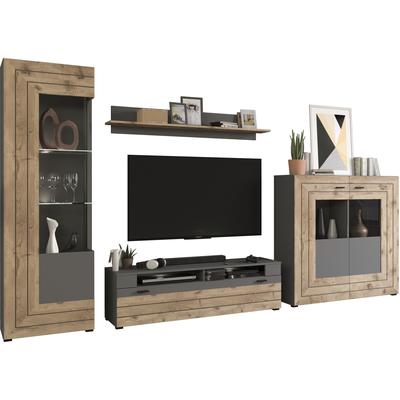 Wohnwand INOSIGN "Aalborg, Breite 350cm, 2-farbig,Metallgriffe, 4-teilig, bestehend aus:", grau (korpus, front, absetzung: grau nb, grau nb, nox oak nb), B:350cm H:195cm T:40cm, Kastenmöbel-Sets, 1x Vitrine, 1x Lowboard, 1x Wandboard und 1x Highboard Image