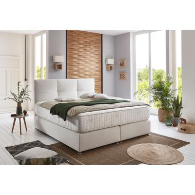 Boxspringbett GRÜNE BETTEN "Alina", beige (creme, weiß), B:180cm L:207cm, Bezug Bett: Strukturstoff (100% Polyester), Bezug Matratzenspiegel: Jersey antiallergisch (Viscose), Komplettbetten, Boxspringbett, mit Tonnentaschenfederkern-Matratze, 100%... Image