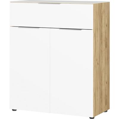 Kombikommode GERMANIA "Oakland mit Glasauflagen", weiß (navarra, eiche, nachbildung, weiß), B:83cm H:102cm T:42cm, Spanplatte, Glas, Sicherheitsglas ESG, Sideboards, Breite 83 cm, mit Schubladen, in vers. Varianten Image
