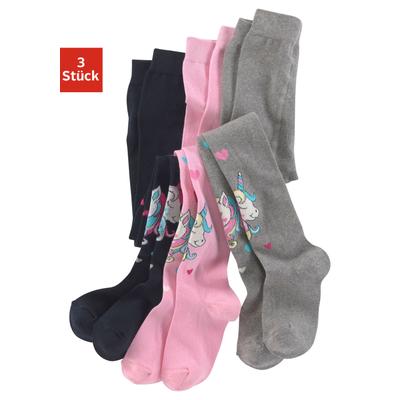 Strickstrumpfhose H.I.S, Kinder, Gr. 104/110, bunt (marine, rosa, grau, melange), Obermaterial: 69% Baumwolle, 28% Polyamid, 3% Elasthan, mehrfarbig, elastisch, Strumpfhosen Strumpfhose, mit eingestrickten Einhorn Motiven Image