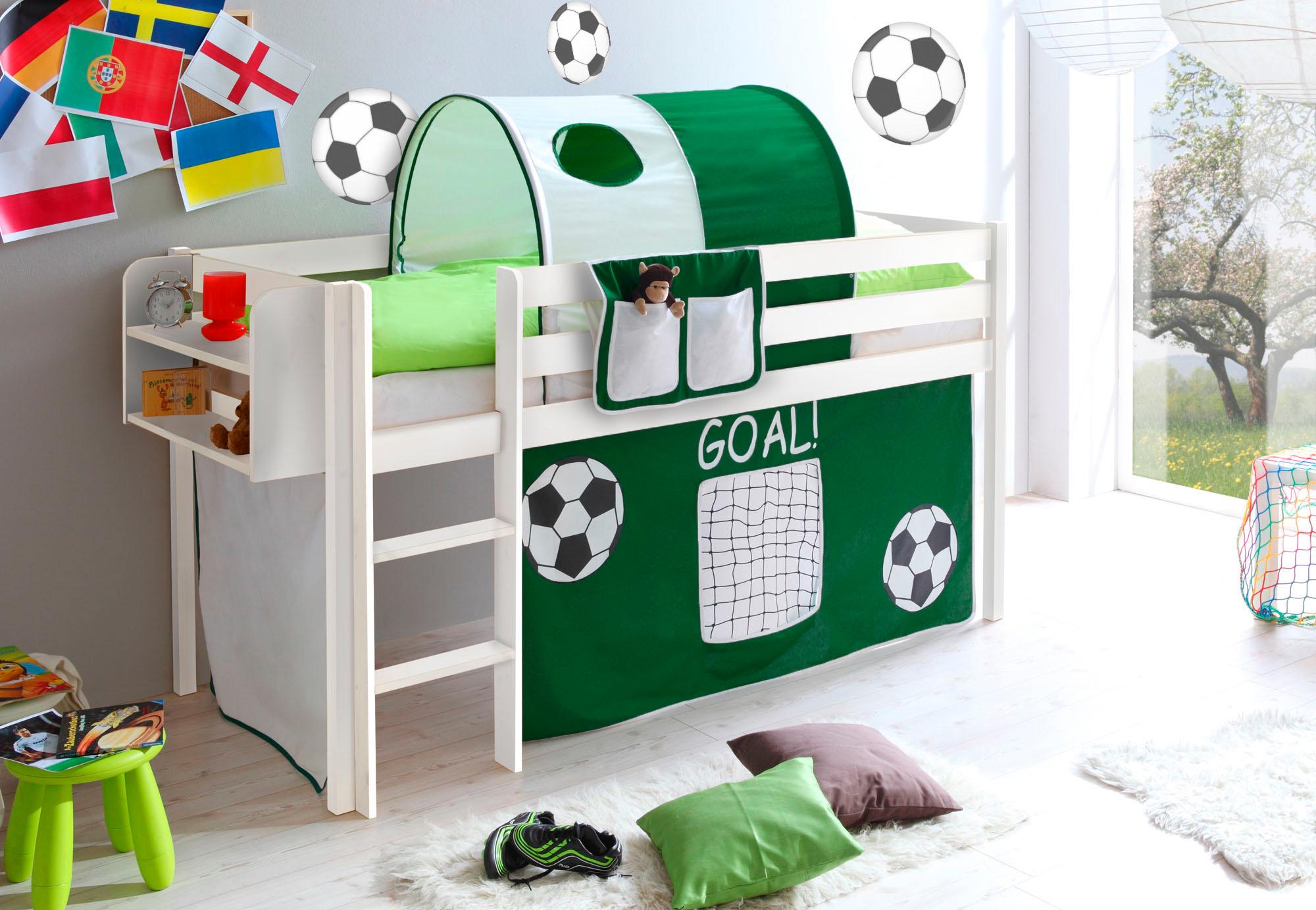 Hochbett TICAA "Malte", grün (kiefer massiv weiß, fußball), B:101cm H:114cm L:205cm, Hochbetten, Hochbett, mit Rollrost und in verschiedenen Ausführungen wahlweise mit Matratze