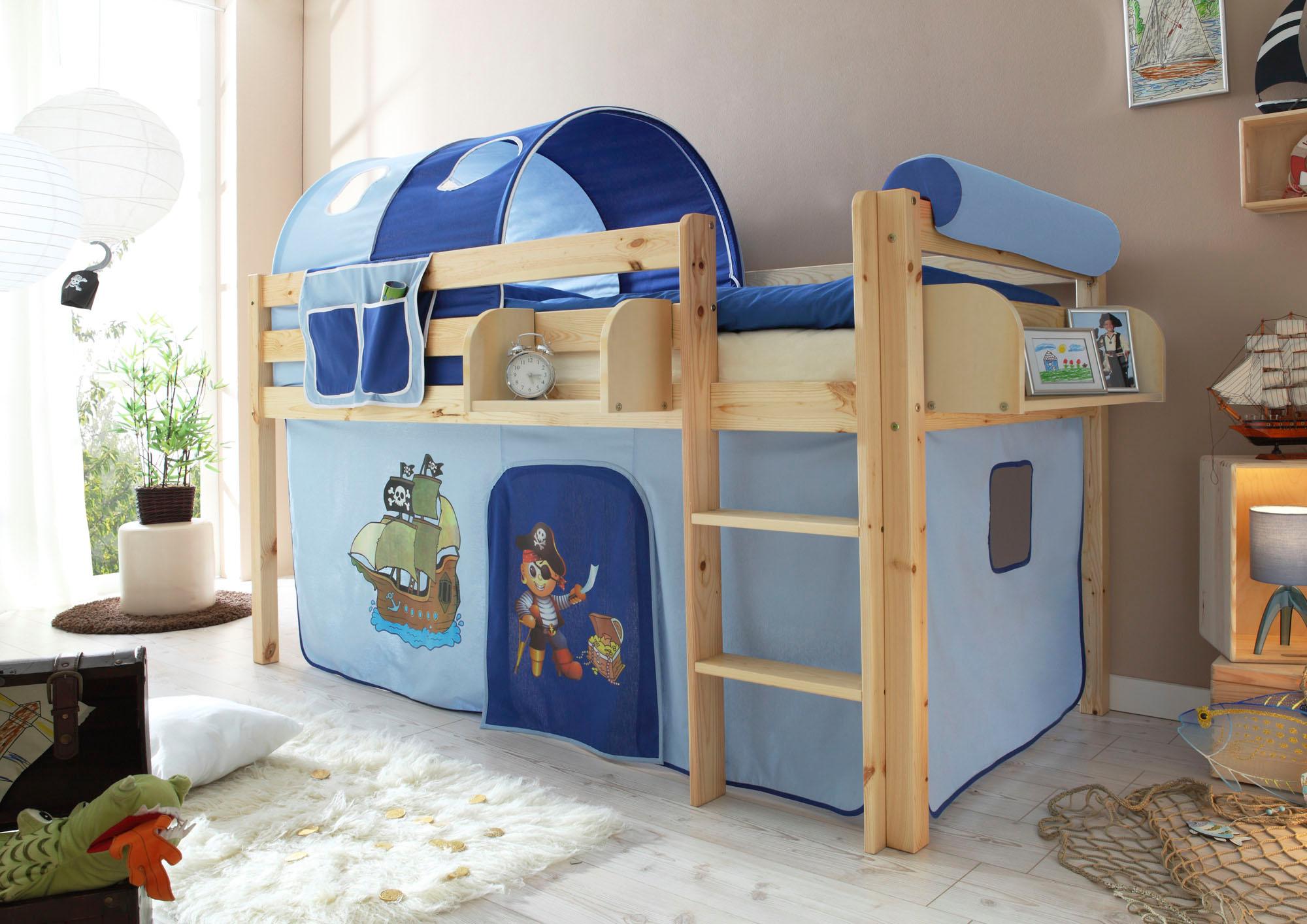 Hochbett TICAA "Malte", blau (kiefer massiv natur, pirat, hellblau, dunkelblau), B:101cm H:114cm L:205cm, Hochbetten, Hochbett, mit Rollrost und in verschiedenen Ausführungen wahlweise mit Matratze