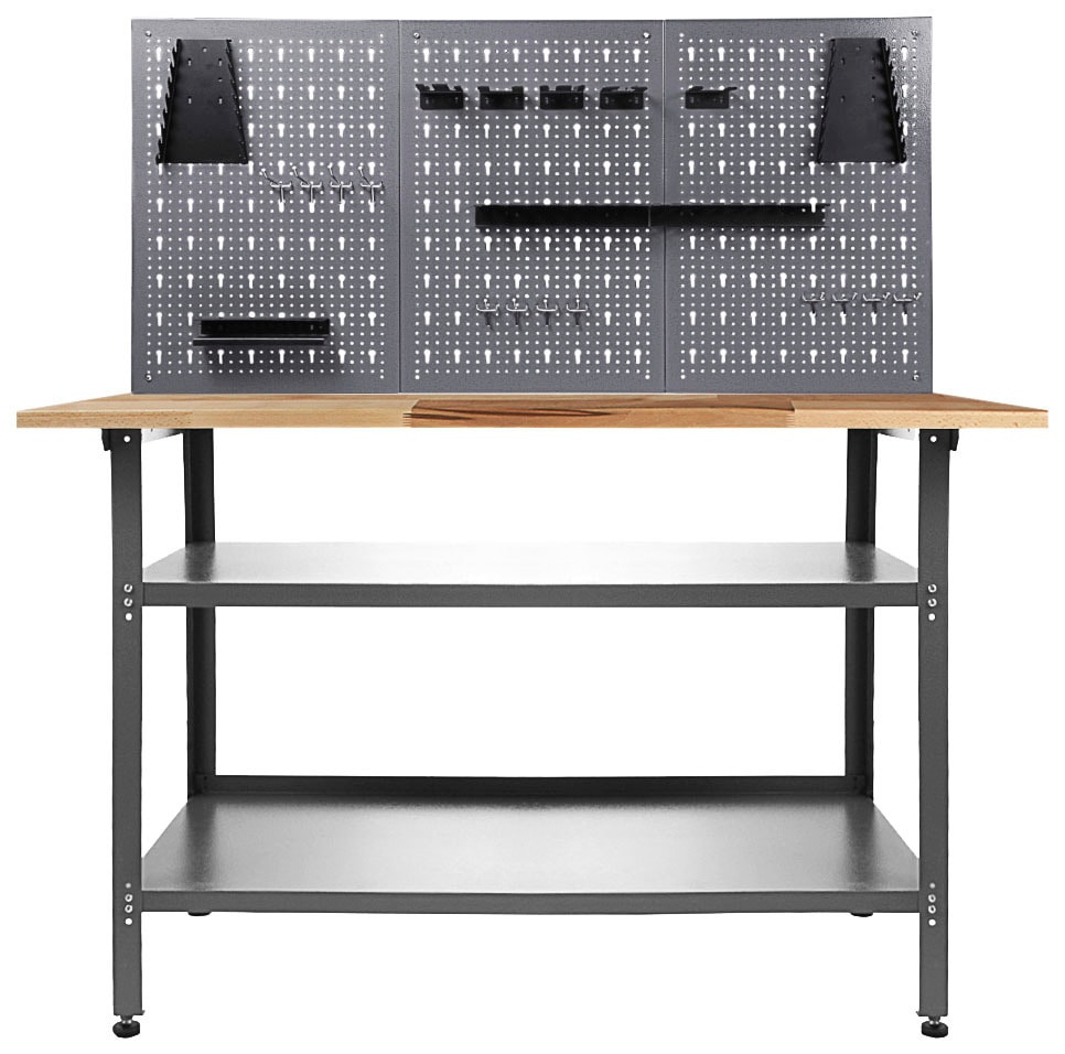 Werkstatt-Set ONDIS24, grau (grau, schwarz), B:120cm H:145cm T:60cm, Edelstahl, Werkbänke, Werkbank & Lochwand, inkl. 22-tlg. Hakenset