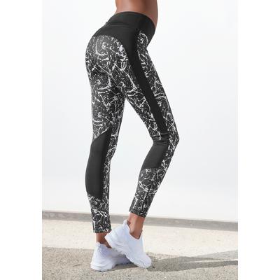 Leggings LASCANA ACTIVE "Splash", Damen, Gr. 32/34, N-Gr, weiß (schwarz, marmoriert, weiß), Obermaterial: 85% Polyester, 15% Elasthan, gemustert, sportlich, figurbetont lang, Hosen 5-Pocket-Hose, Sporthose mit Allover Muster Image