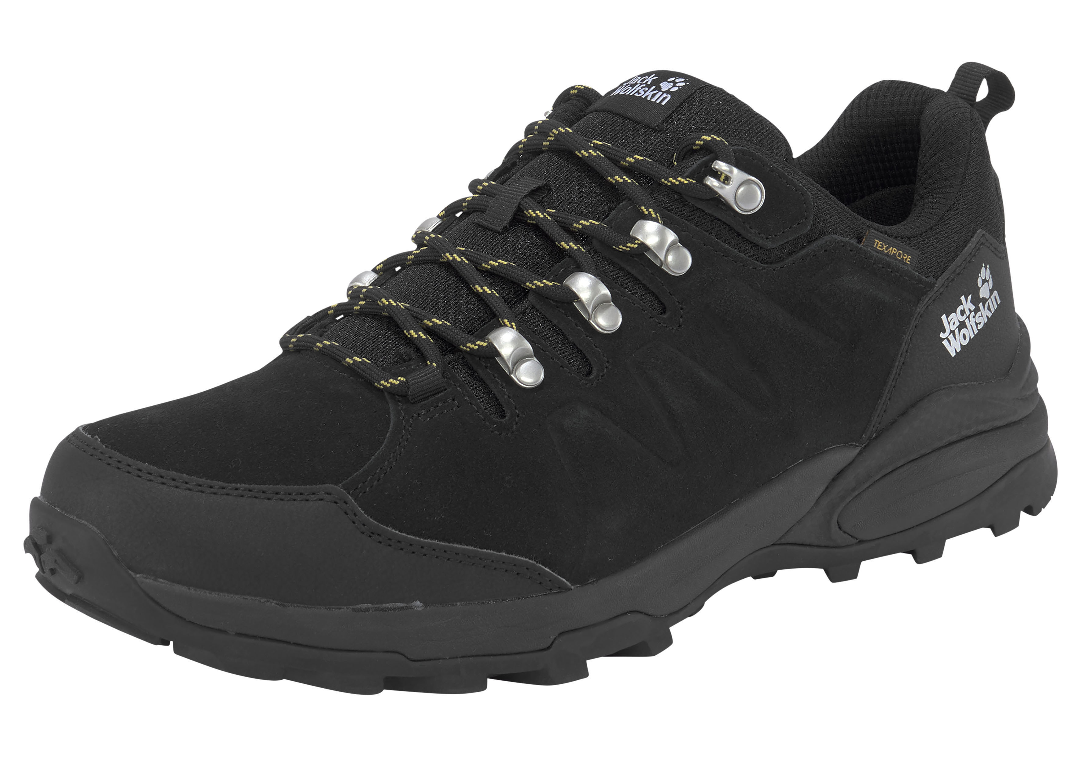 Wanderschuh JACK WOLFSKIN "REFUGIO TEXAPORE LOW M", Damen, Gr. 44, schwarz (schwarz, schwarz), Leder, Textil, Schuhe Wanderschuh, wasserdicht, Trekkingschuh, Topseller