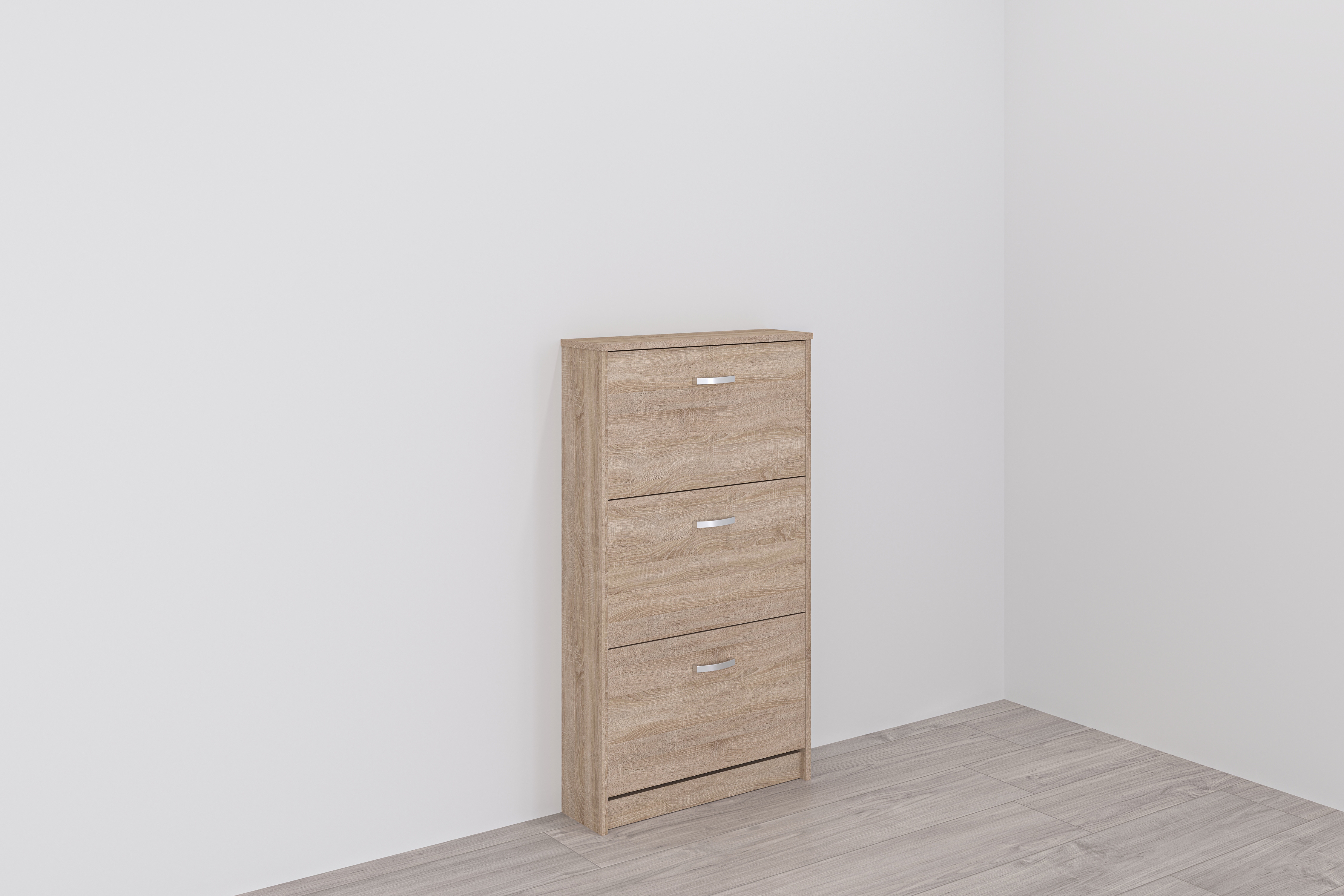 Schuhschrank FMD "Step 3", braun (eichefarben), B:58,5cm H:104,5cm T:17cm, Schränke, Schuhschrank, Breite 58,5 cm, Tief 17 cm, mit 3 Klappen, Schuhkipper