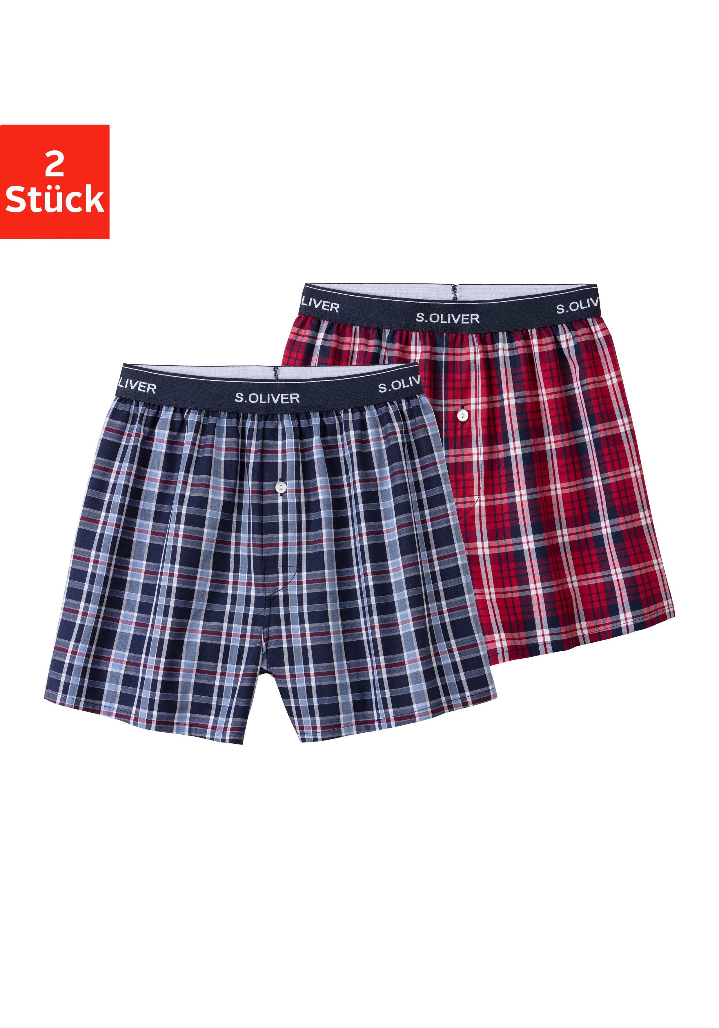 Webboxer S.OLIVER, Herren, Gr. 4 (S), 2 Stk., bunt (blau, kariert, rot, kariert), Webqualität, Obermaterial: 100% Baumwolle, kariert, weit, Unterhosen, mit Logo Webbund