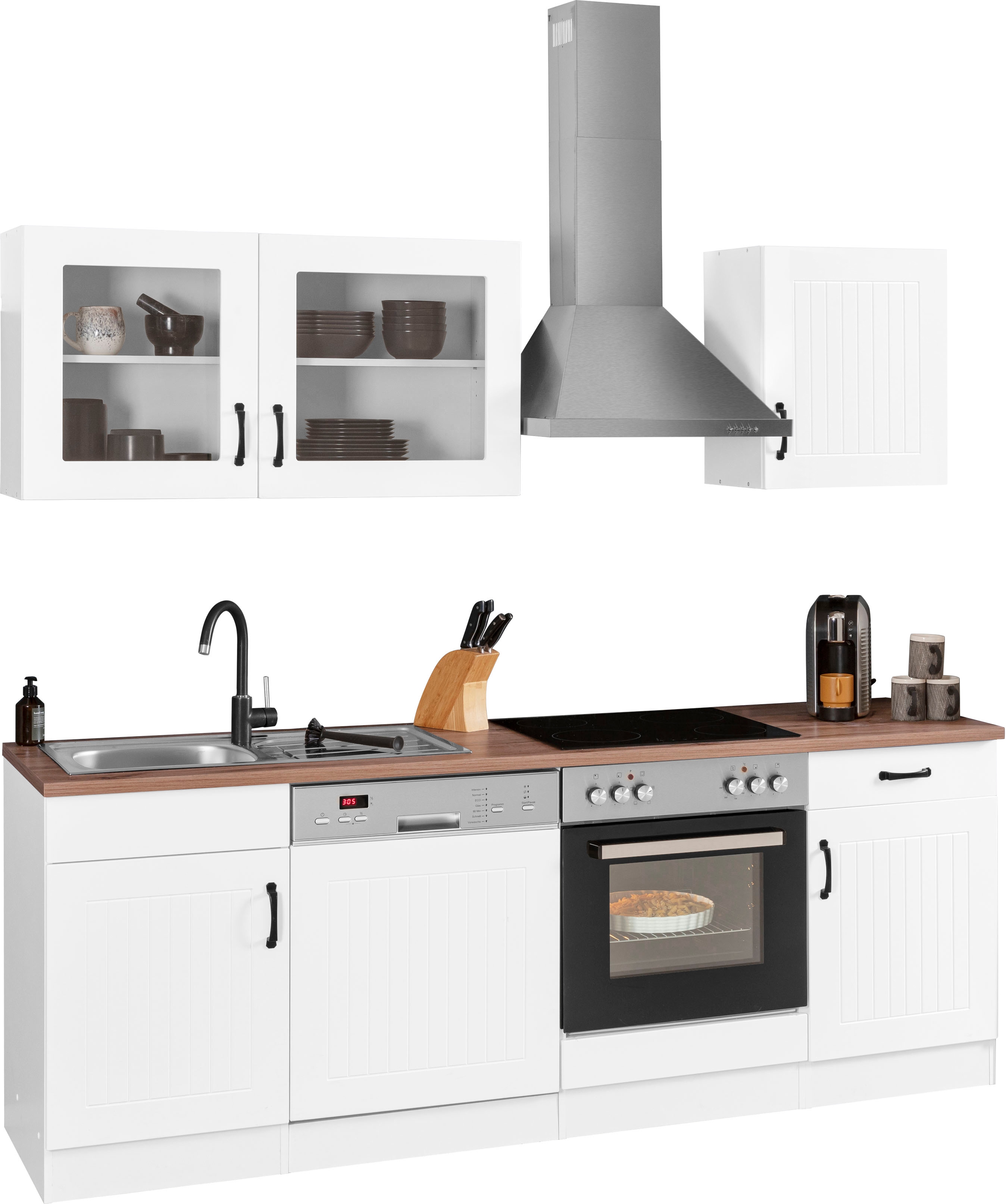 Küchenzeile KOCHSTATION "KS-Athen", weiß (küche: weiß, korpus: weiß, arbeitsplatte: wotaneichefarben), B:220cm T:60cm, Komplettküchen-Sets, ohne E-Geräte, Breite 220 cm Image