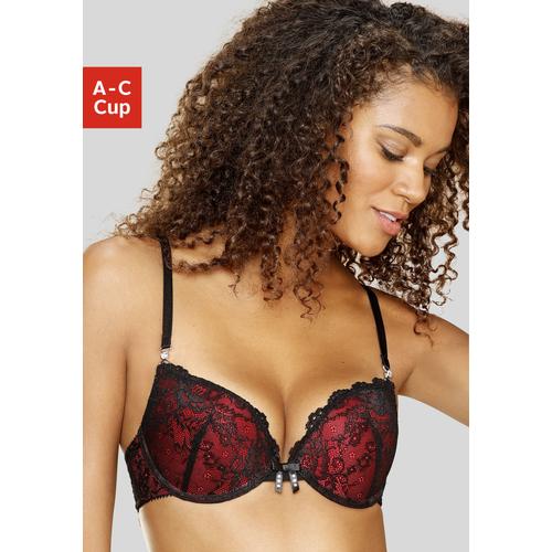 Push-up-BH JETTE Gr. 70, Cup C, rot (dunkelrot, schwarz) Damen BHs BH Bügel-BH Hochzeitsdessous Hochzeitswäsche Push-up-BH Spitzen-BH Spitzenwäsche Spitzen-BHs mit extra dicken Kissen für maximales Volumen, sexy Dessous