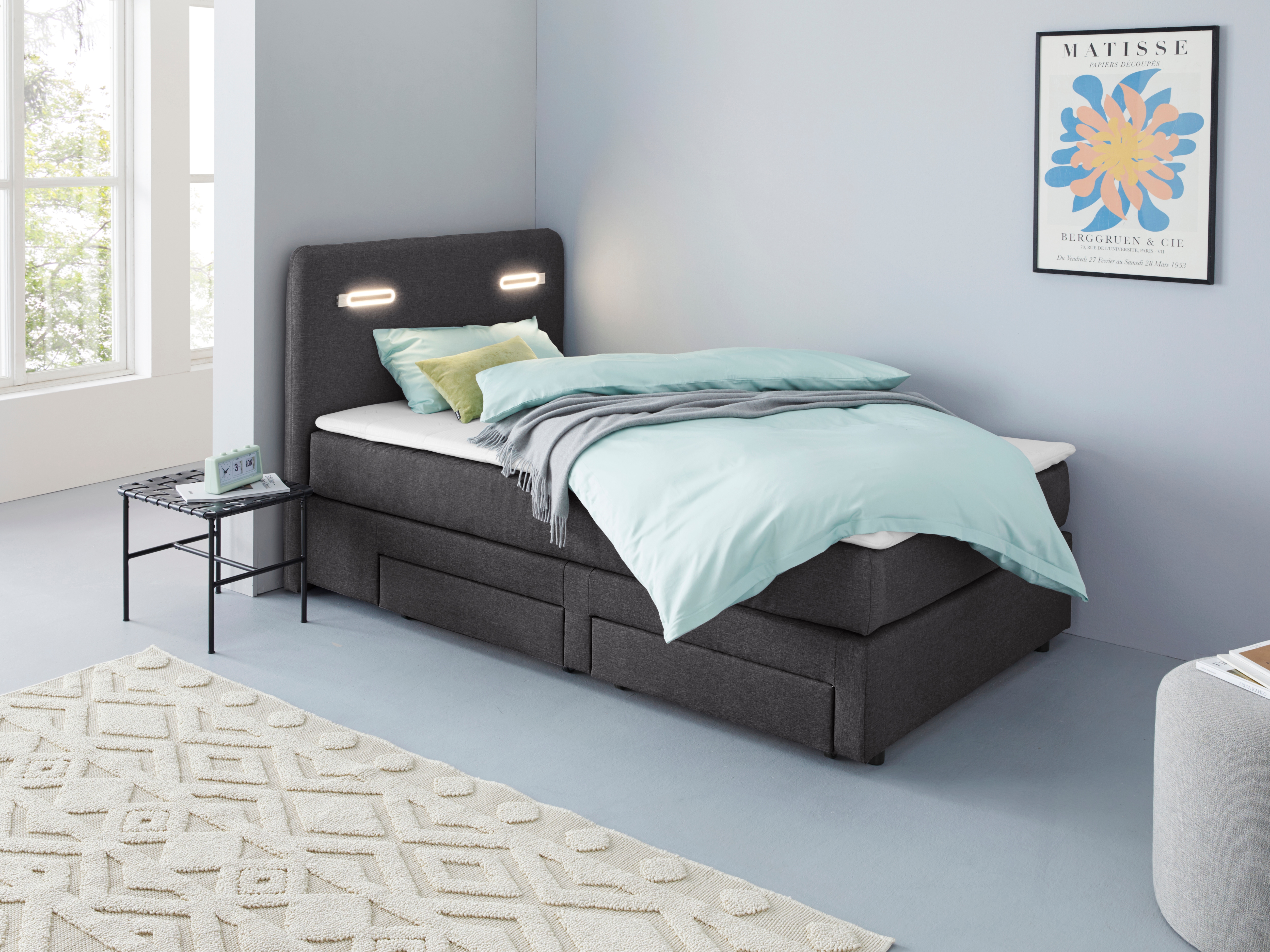 Boxbett INOSIGN "Luan", grau (anthrazit), B:127cm L:211cm, Komplettbetten, Boxspringbett, Schubkästen, LED-Beleuchtung und Topper, in Breite 120 cm und 180 cm Image