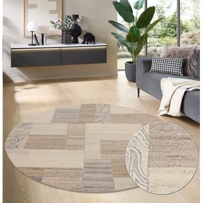 Wollteppich THEKO "Lola, Wolle, handgearbeitet, Patchwork Design" Gr. 10, beige (natur), H:12mm Ø:190cm, Wolle, Teppiche, handgetuftet, Wohnzimmer, Schlafzimmer, Esszimmer Image