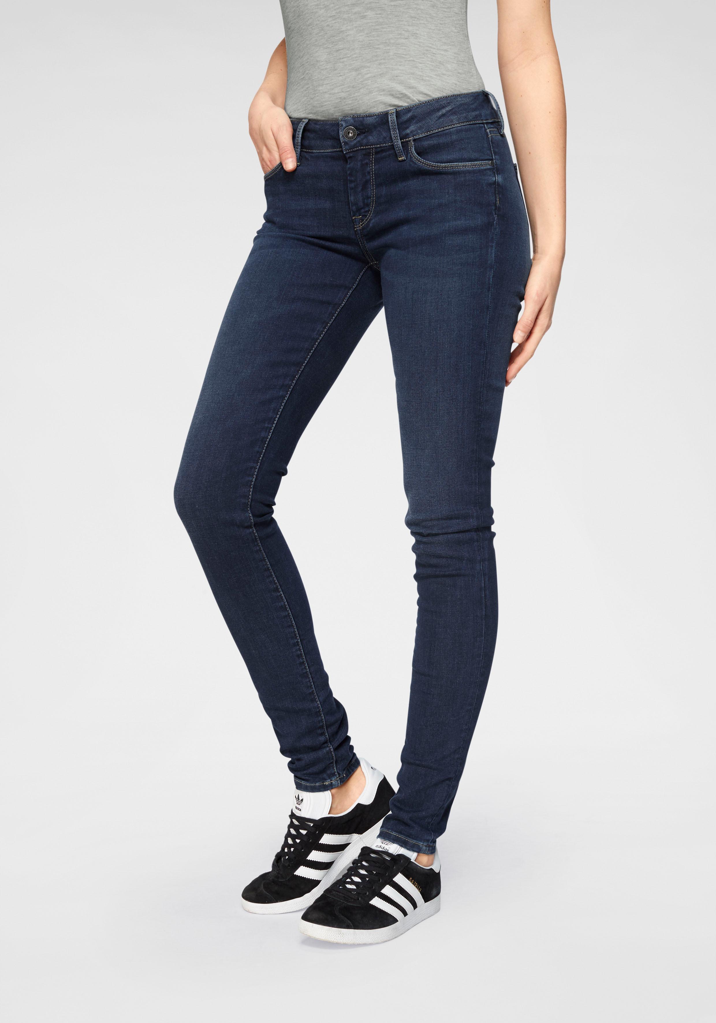 Skinny-fit-Jeans PEPE JEANS "SOHO", Damen, Gr. 26, Länge 32, blau (h45 schwarz used worn), Denim/Jeans, Obermaterial: 84% Baumwolle, 14% Polyester, 2% Elasthan, Casual, skinny fit lang, Jeans, im 5-Pocket-Stil mit 1-Knopf Bund und Stretch-Anteil