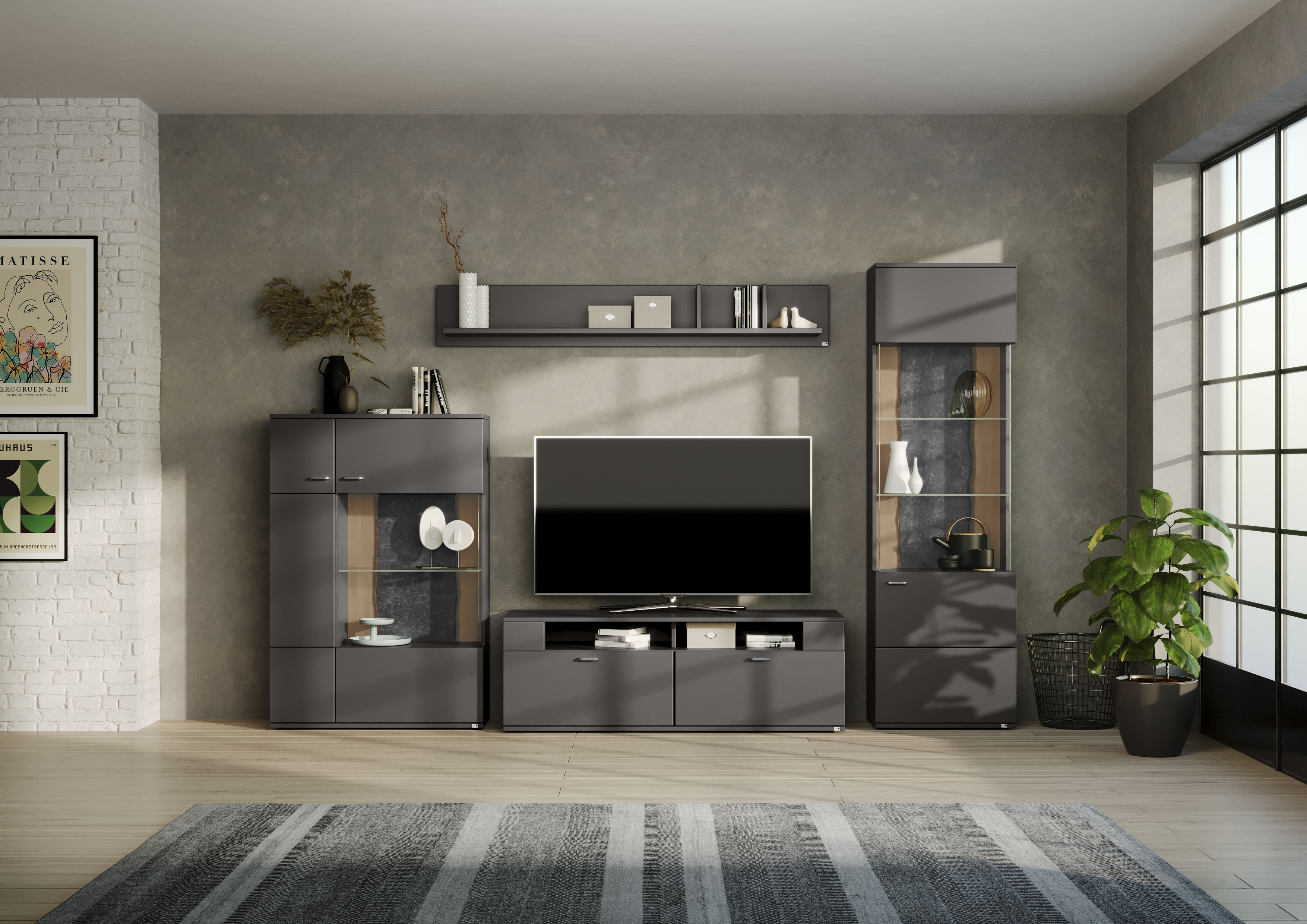 Wohnwand "TACOMA", grau (grafit matt), SET ONE BY MUSTERRING, Kastenmöbel-Sets, Typ 52, mit Wandboard