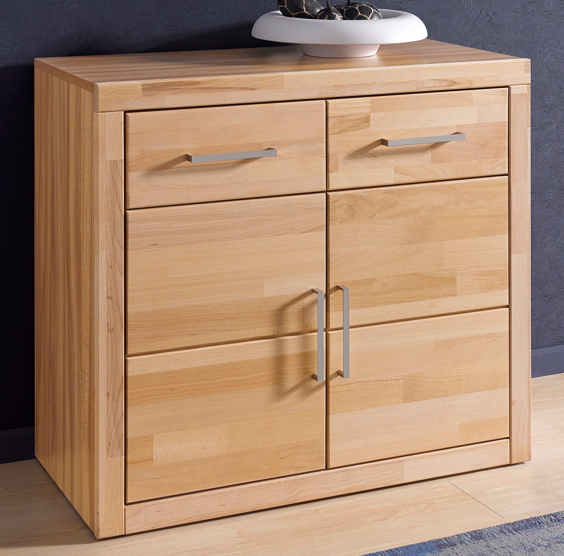 Kommode HOME AFFAIRE "Logo,90cm breit,42 cm tief, Fronten Massivholz,2 Türen,2 Schubladen", beige (kernbuche teilmassiv), B:90cm H:80cm T:42cm, Holz teilmassiv, Sideboards, Kombikommode, Holz massiv, Holzwerkstoff,2 breite Fächer,Boden versetzbar