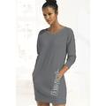 Sweatkleid BENCH. LOUNGEWEAR, Damen, Gr. 36/38, N-Gr, grau (stone, weiß), Interlock, Jersey, Obermaterial: 60% Baumwolle, 40% Polyester, unifarben, Basic, bequem ca. Mitte Oberschenkel, Rundhals, Langarm Rippbündchen, Kleider, mit seitlichem Logoprint