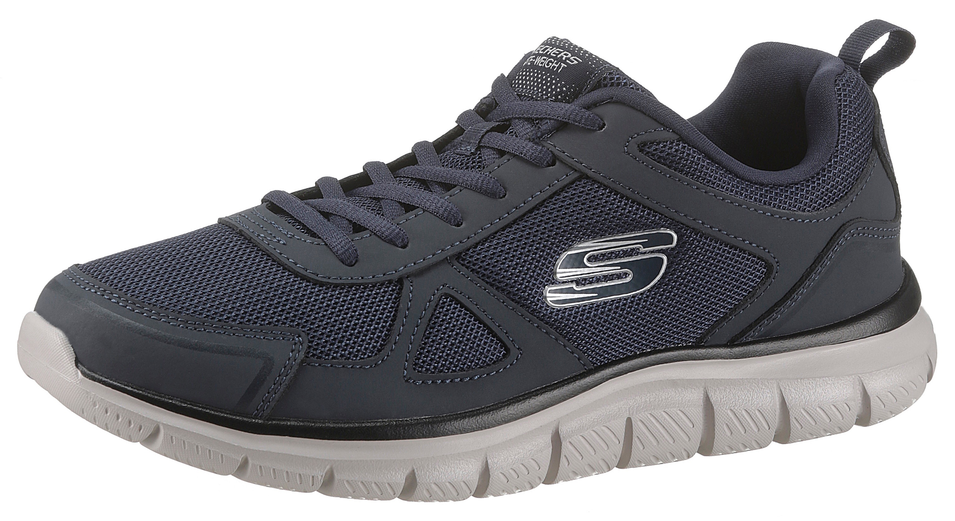 Sneaker SKECHERS "Track-Scloric", Herren, Gr. 42, blau (navy), Leder, Textil, Schuhe Sneaker, Freizeitschuh, Halbschuh, Schnürschuh mit Skechers Memory Foam