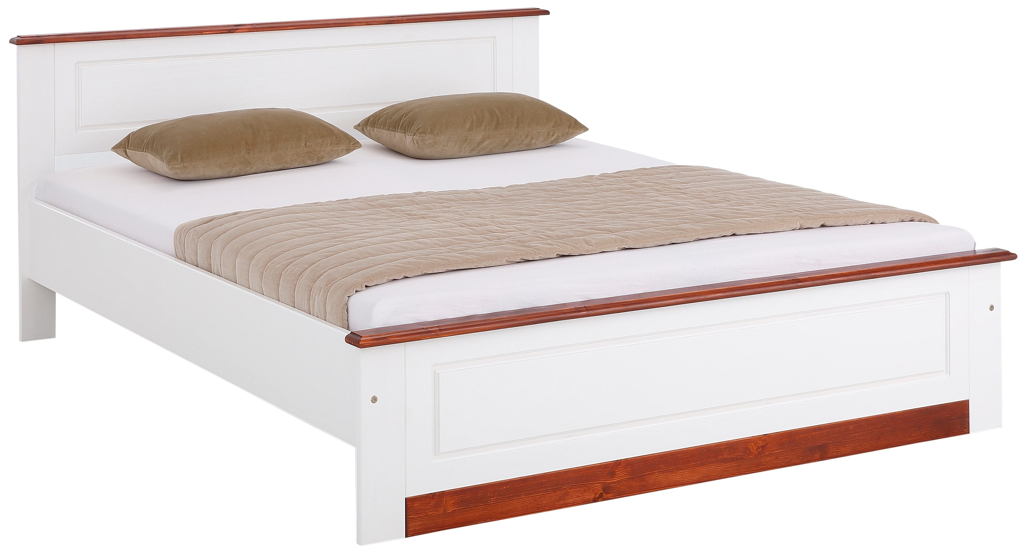 Massivholzbett OTTO HOME "Madrid, Landhausstil, hohe Belastbarkeit", weiß (weiß, kirschbaumfarben), B:153cm L:208cm, Betten, Massivholzbett, mit Rollrost, aus massivem Kiefernholz, Kassettenoptik