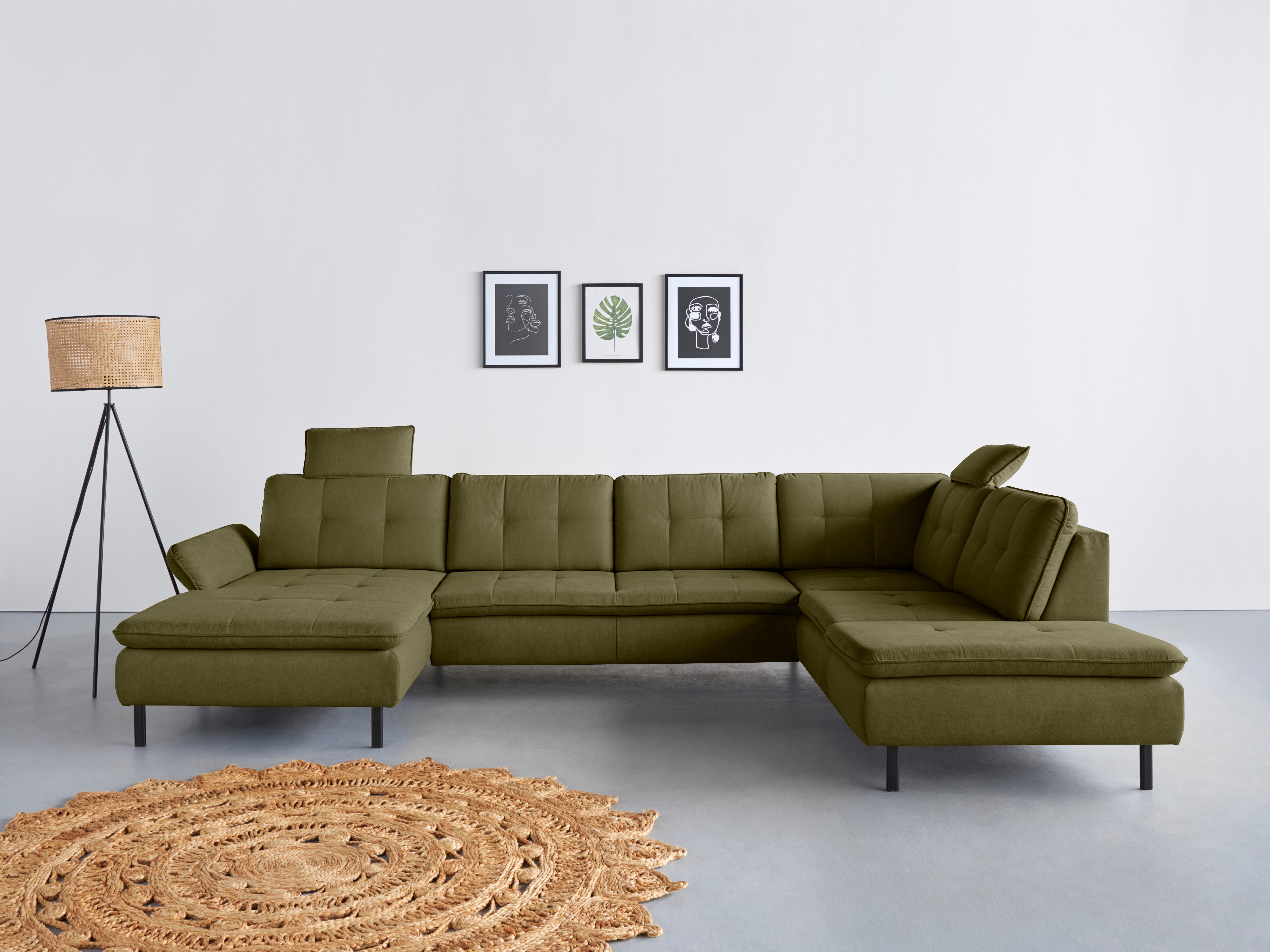 Wohnlandschaft HOME AFFAIRE "Birkholm U-Form", grün (olive), B:347cm H:83cm T:226cm, 98% Polyester 2% Polyamid, Sofas, Wohnlandschaft, Armlehnverstellung, auch in Easy Clean Bezug - mit Wasser zu reinigen