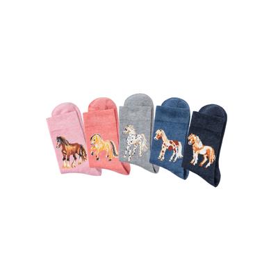 Socken H.I.S, Kinder, Gr. 35-38, bunt (1x hellrosa, meliert, 1x lachs, meliert, 1x hellgrau, meliert, 1x jeans, meliert, 1x dunkel jeans, meliert), Baumwollmischung, uni und gemustert, elastisch, Socken Socken, Mit unterschiedlichen Pferdemotiven