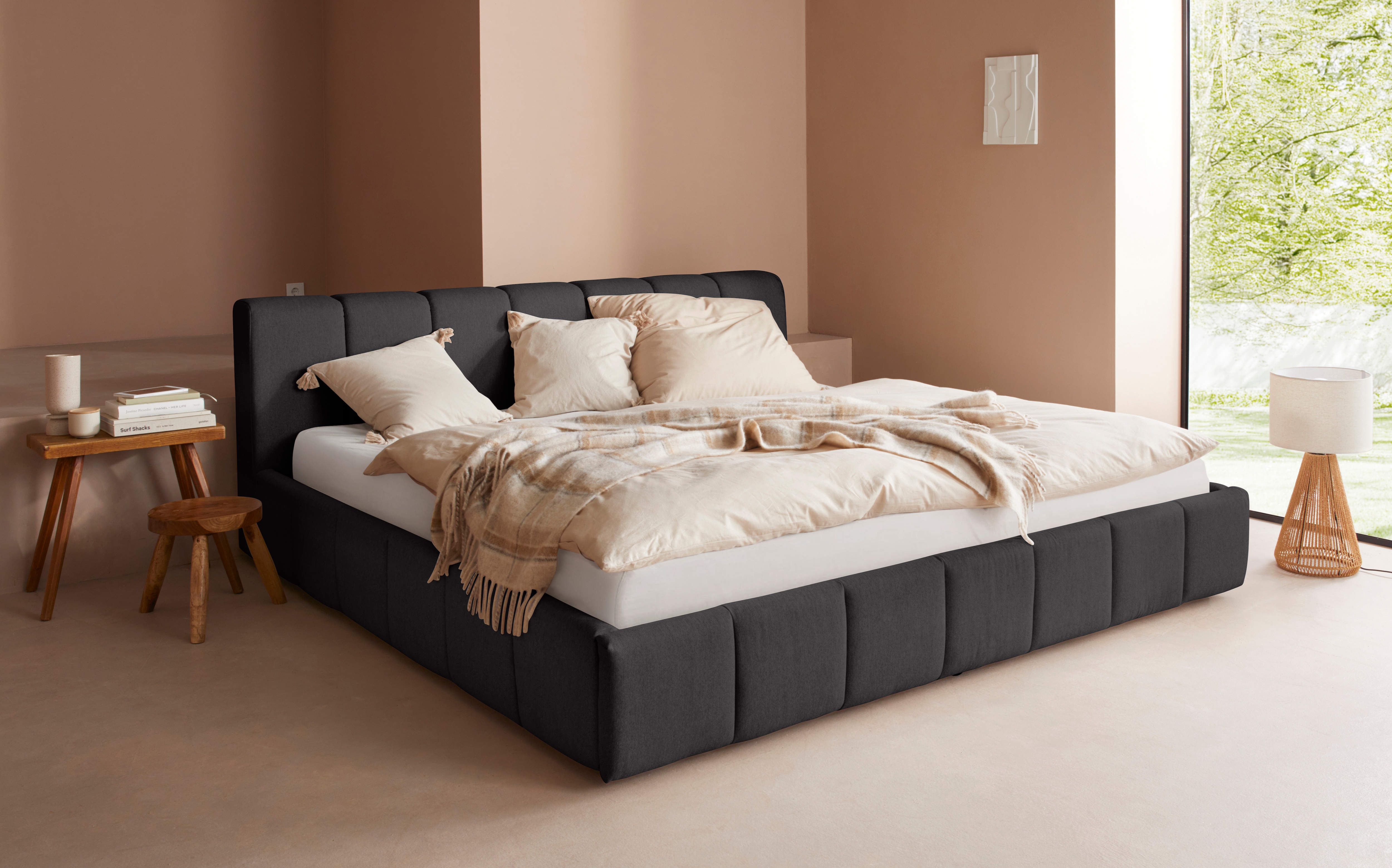 Polsterbett "Maileen", schwarz, B:211cm L:225cm, 88% Polyester, 9% Rayon, 3% Nylon, LEGER HOME BY LENA GERCKE, Betten, Polsterbett ohne Bettkasten Bettgestell Polsterbett, in 5 Breiten und 3 Farben, incl. Rollrost