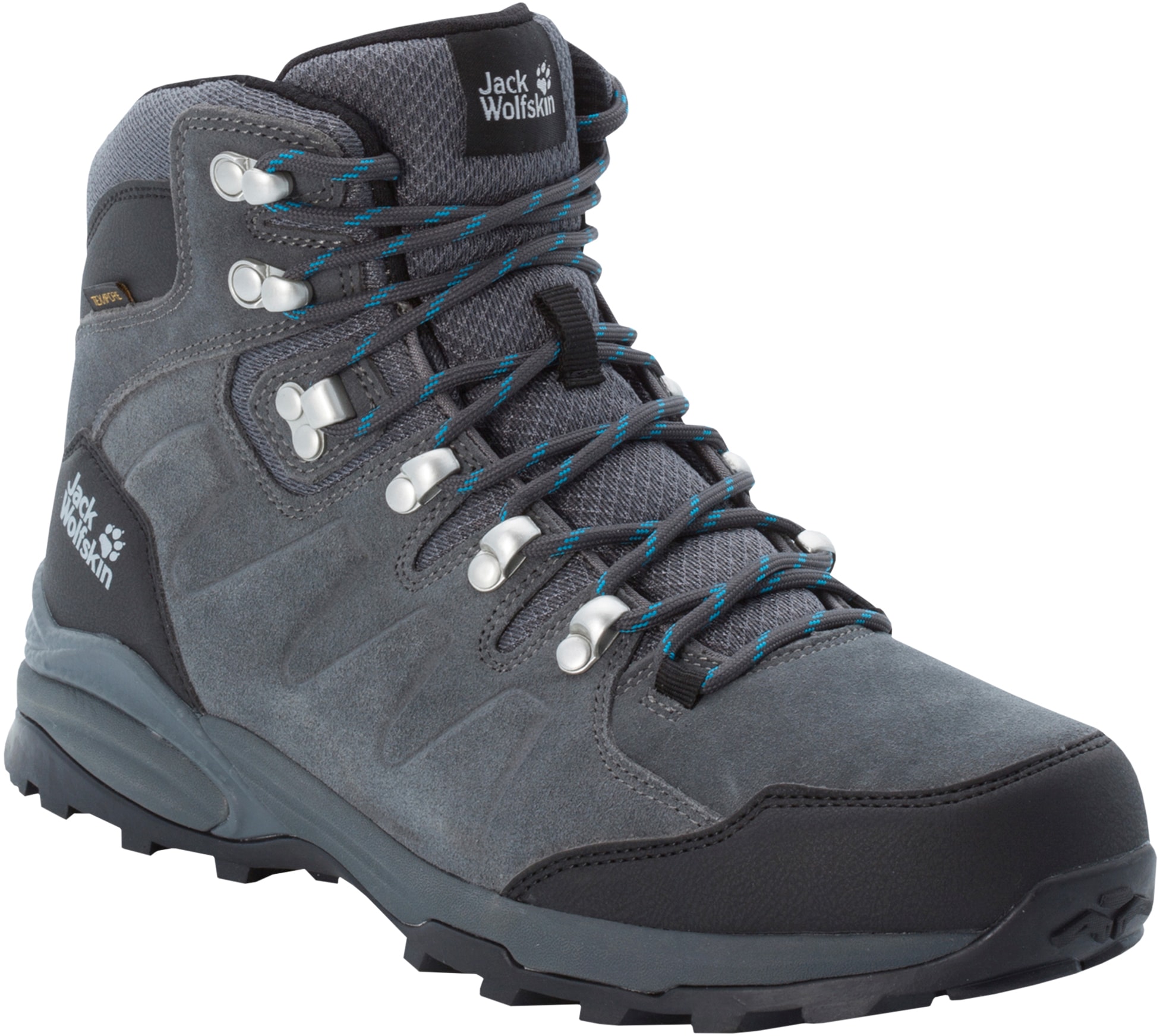 Wanderschuh JACK WOLFSKIN "REFUGIO TEXAPORE MID M", Gr. 41, grau (grau, schwarz), Leder, Textil, Schuhe, Wasserdicht, Trekkingschuh